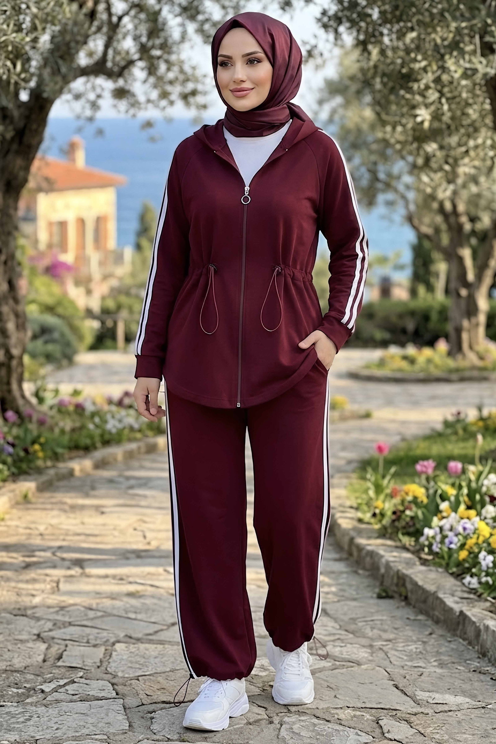 Yanarı Şeritli Belde Lastik Detaylı Oysh Modal Takım Bordo - 29021-BORDO - 1