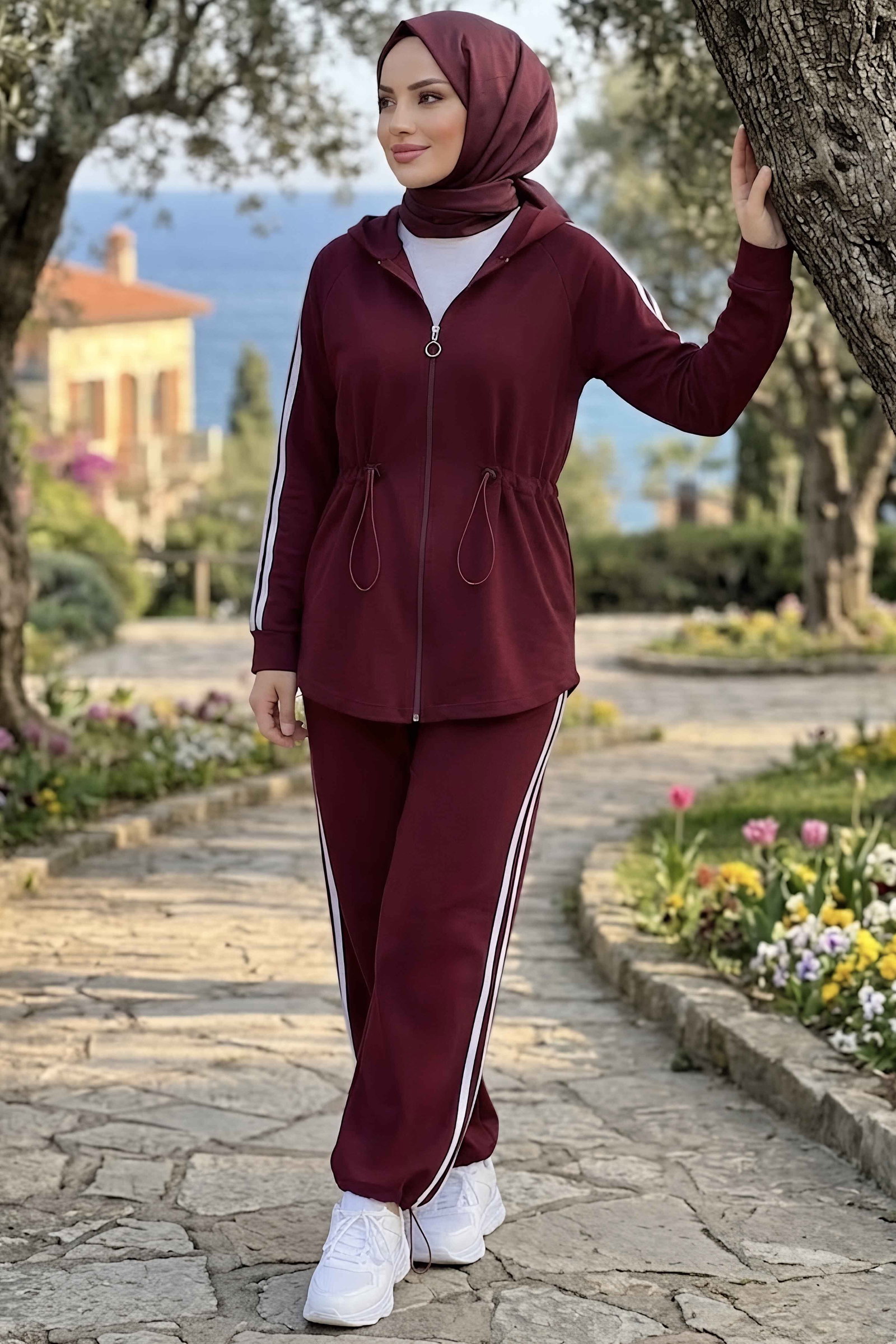 Yanarı Şeritli Belde Lastik Detaylı Oysh Modal Takım Bordo - 29021-BORDO - 2