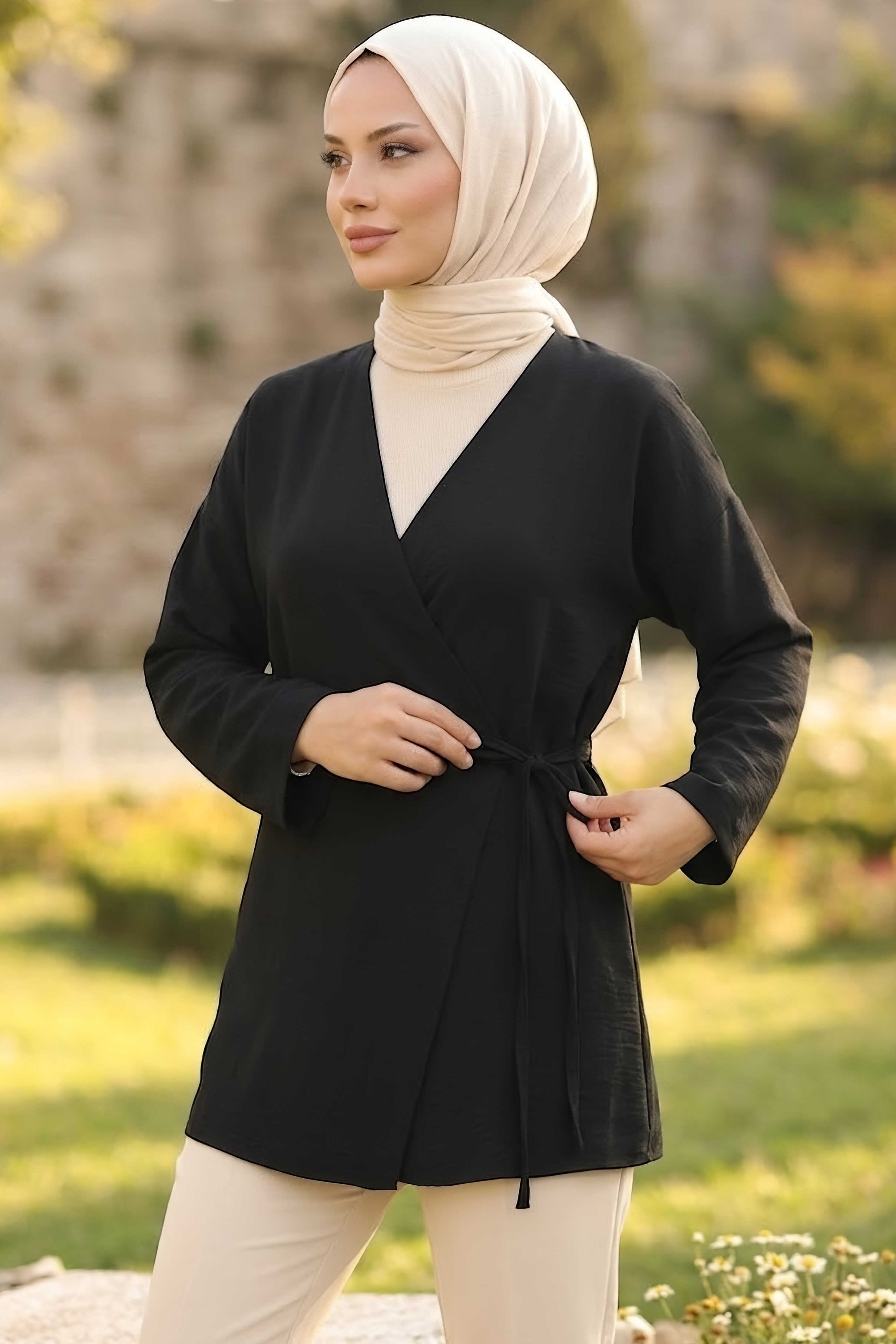 Yandan Bağcık Detaylı Ceket Siyah - 2149-SIYAH - 2