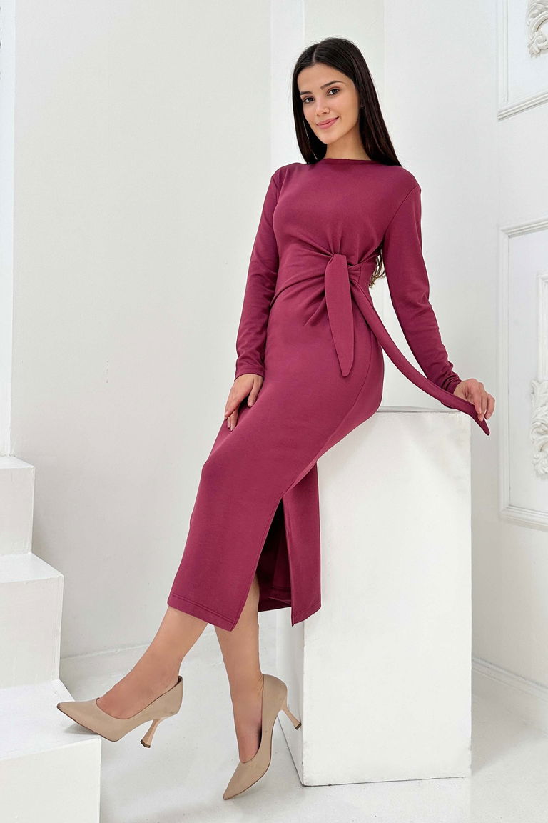 Yandan Bağlama Detaylı Modal Elbise - 27880-BORDO - TOFİSA