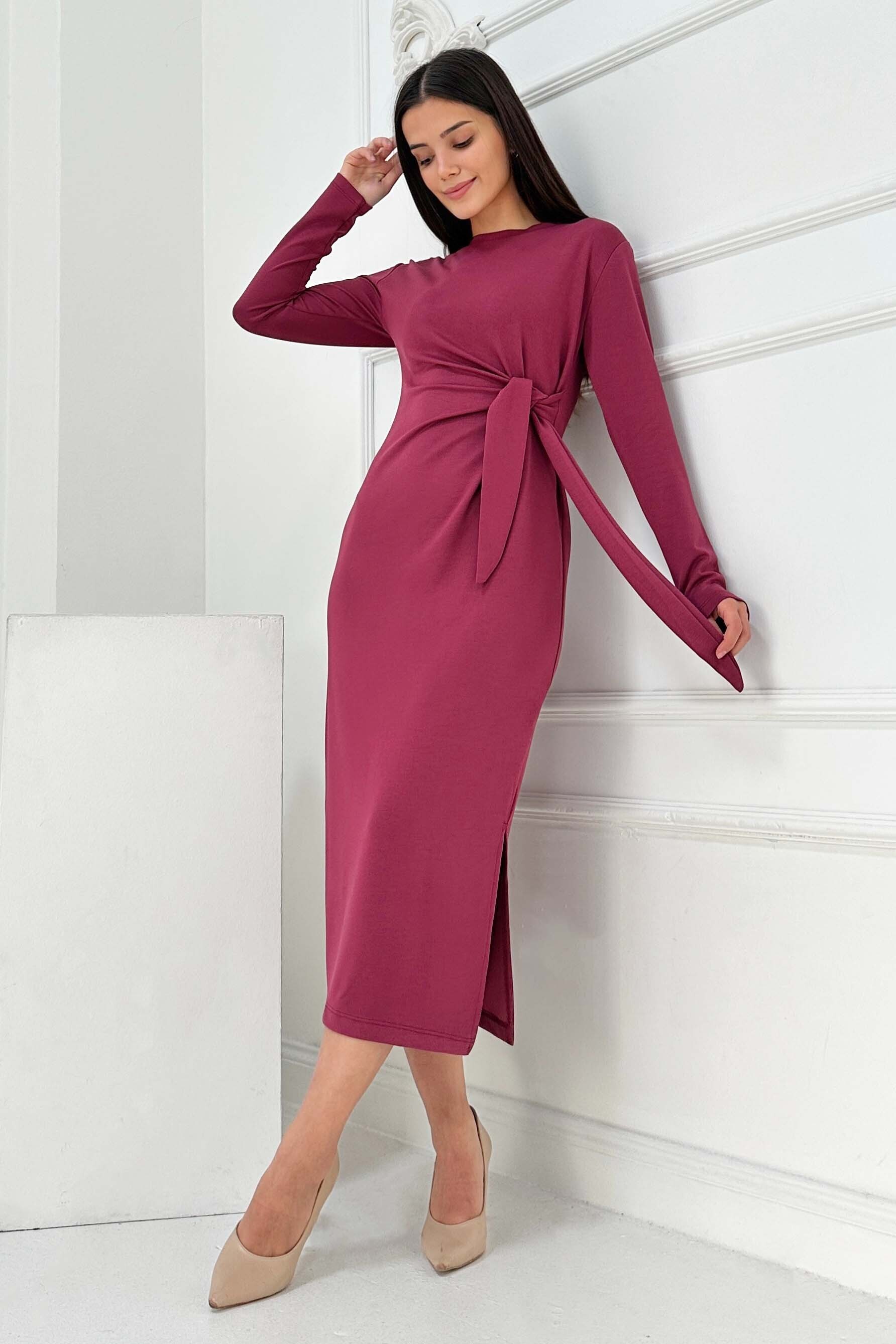 Yandan Bağlama Detaylı Modal Elbise - 27880-BORDO - 1