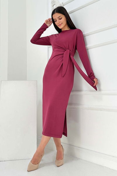 Yandan Bağlama Detaylı Modal Elbise - 27880-BORDO 