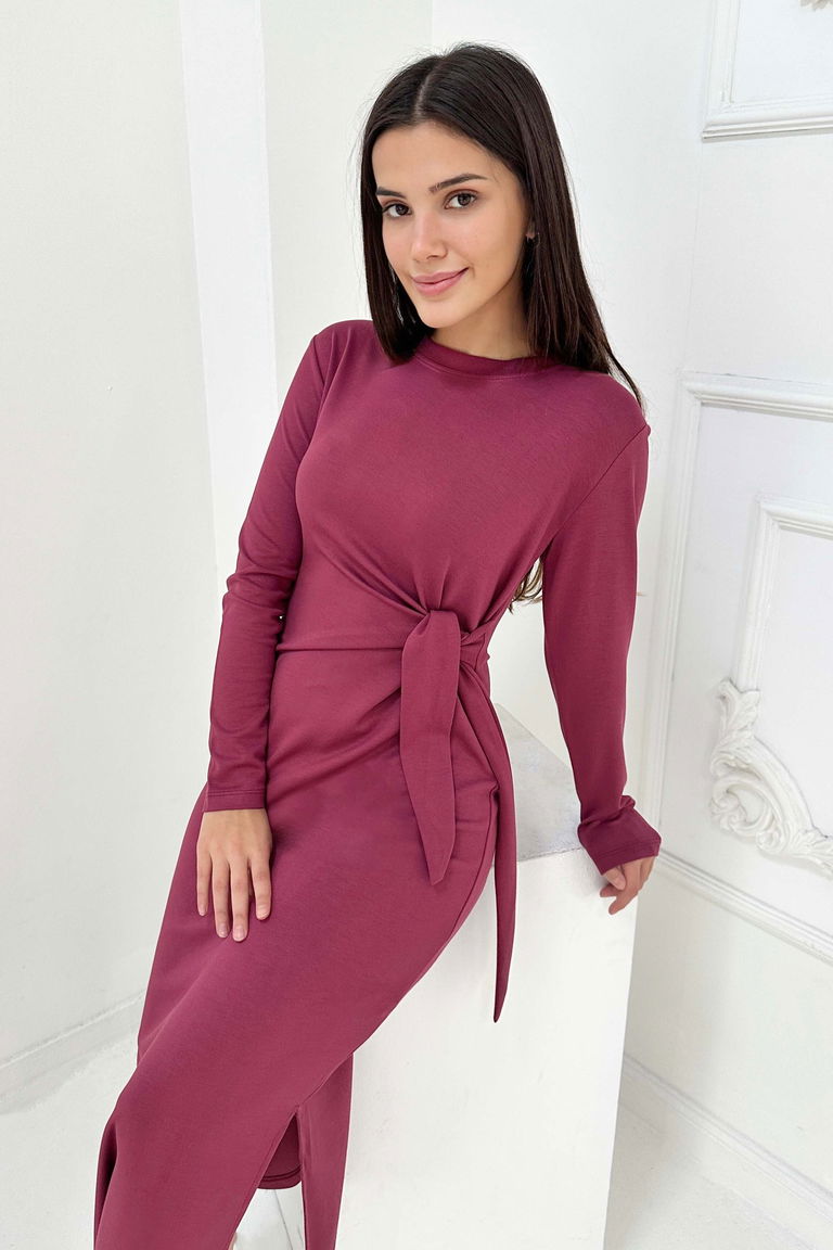 Yandan Bağlama Detaylı Modal Elbise - 27880-BORDO - TOFİSA