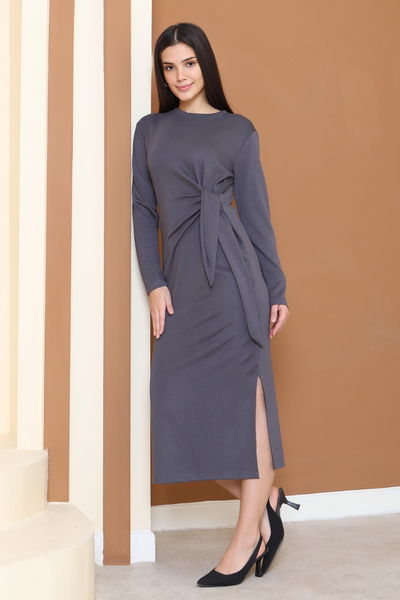 Yandan Bağlama Detaylı Modal Elbise - 27880-FUME 