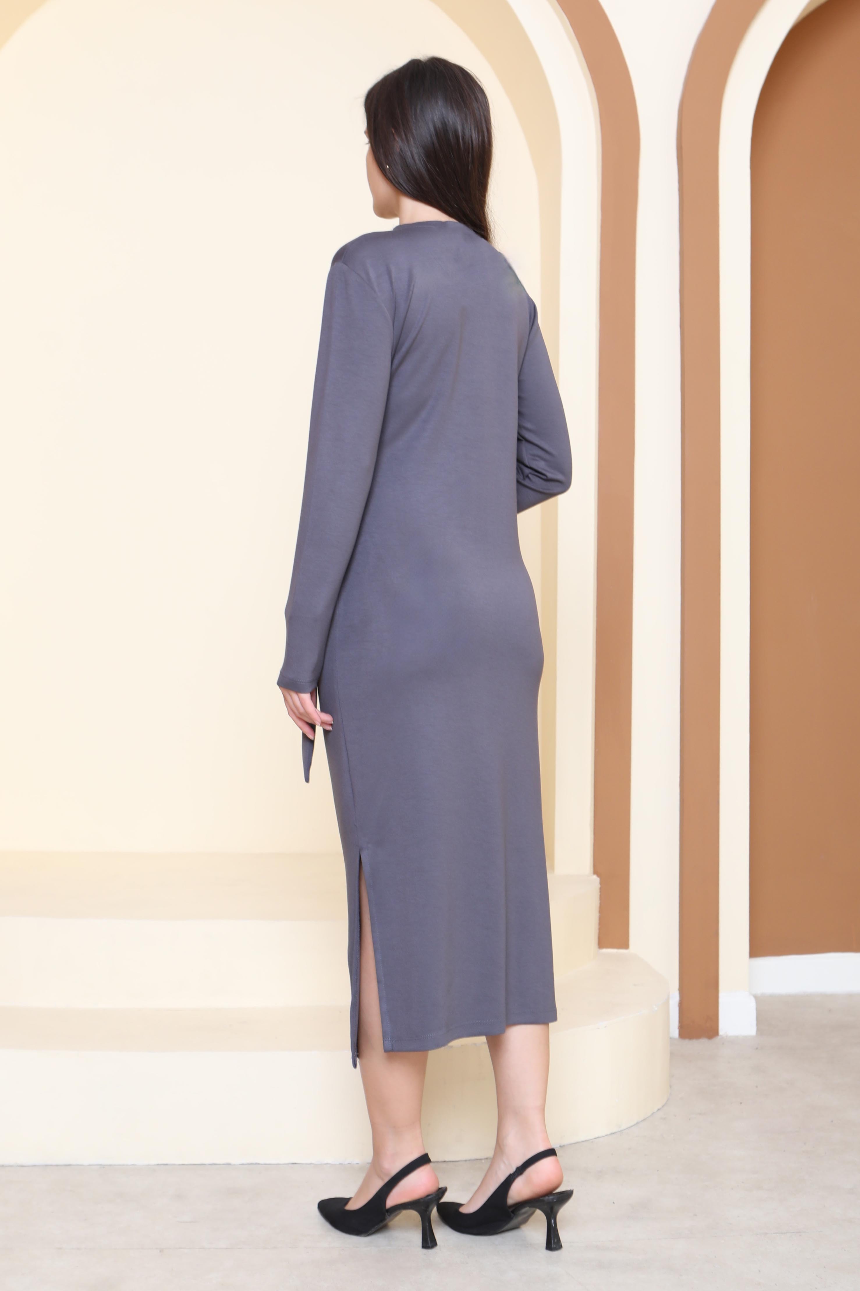 Yandan Bağlama Detaylı Modal Elbise - 27880-FUME - 5