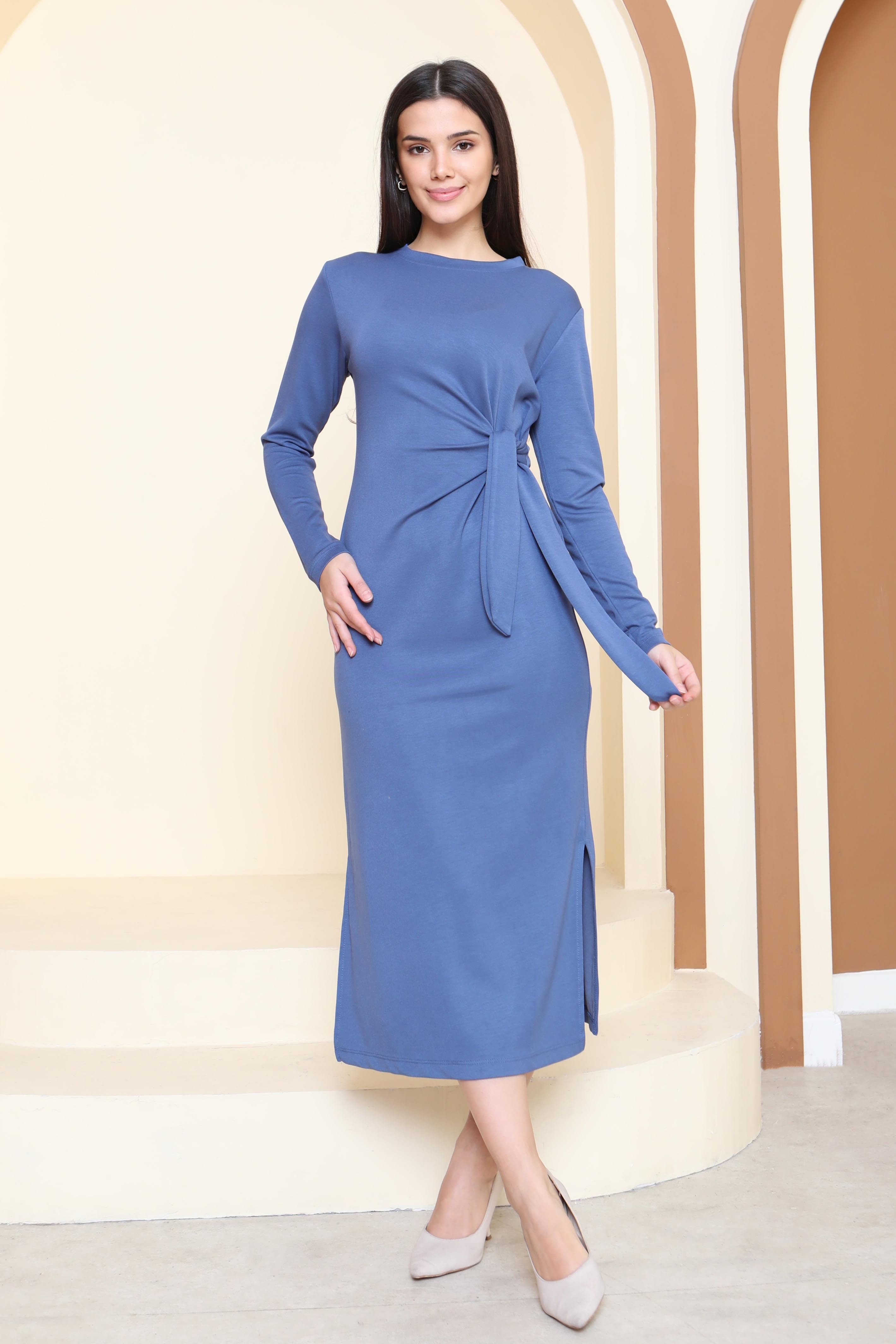 Yandan Bağlama Detaylı Modal Elbise - 27880-INDIGO - 4