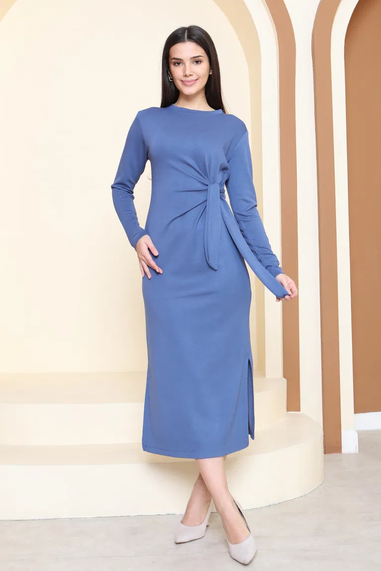 Yandan Bağlama Detaylı Modal Elbise - 27880-INDIGO - TOFİSA