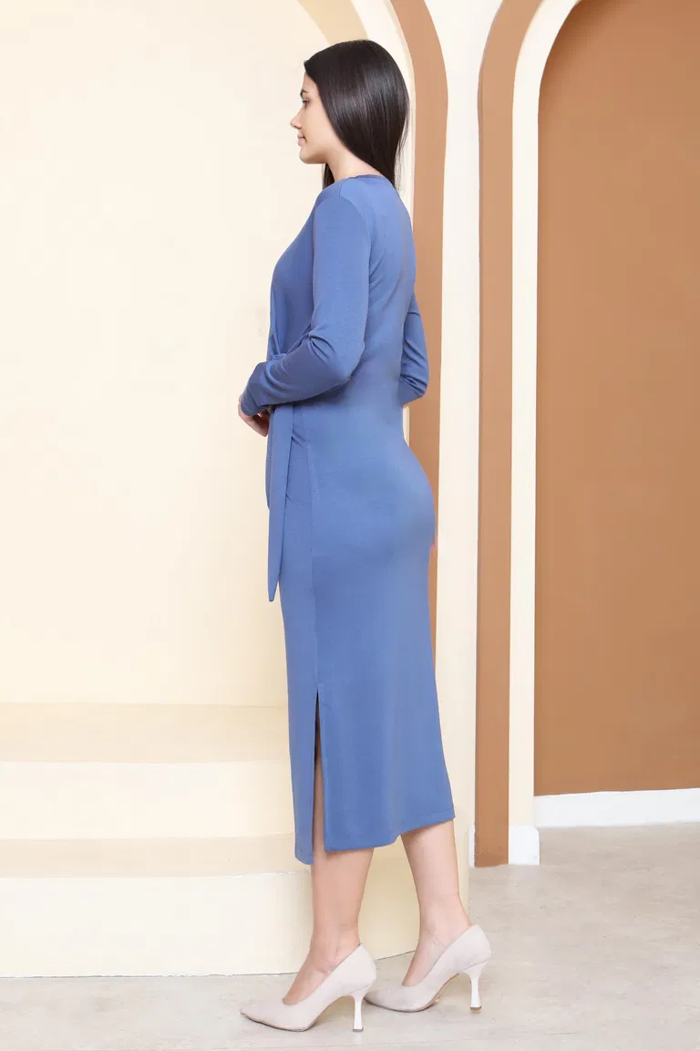 Yandan Bağlama Detaylı Modal Elbise - 27880-INDIGO - TOFİSA