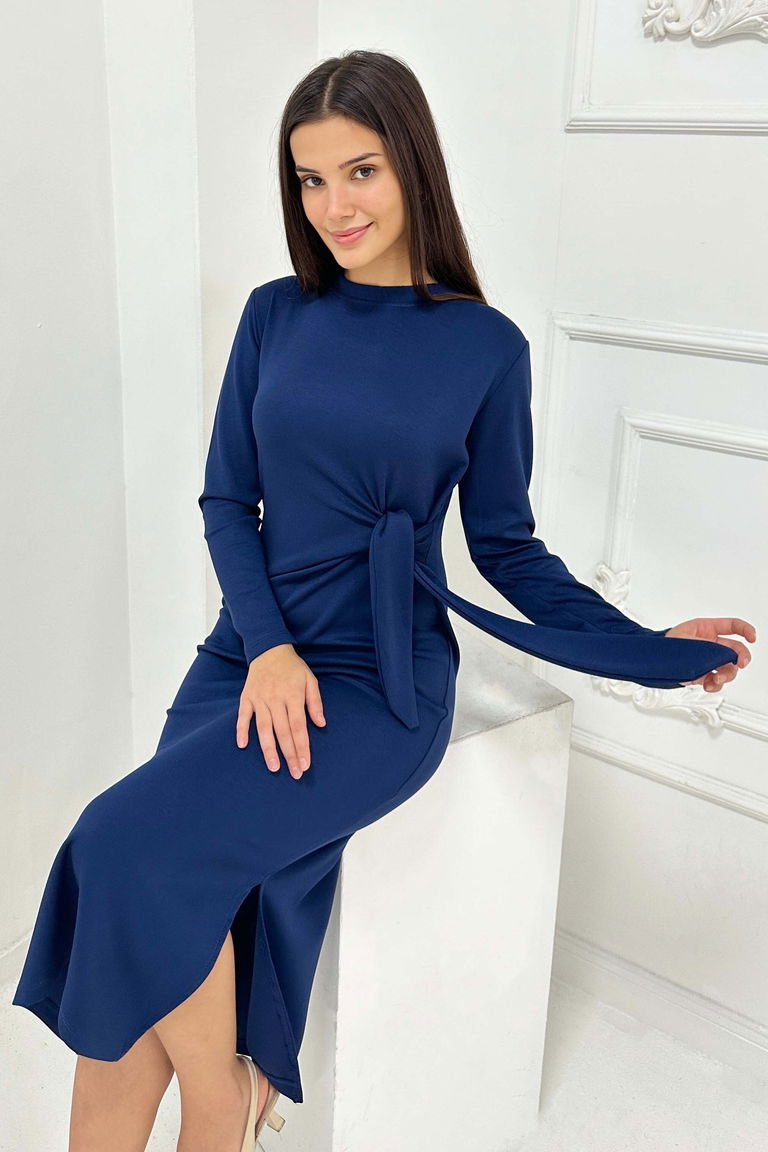 Yandan Bağlama Detaylı Modal Elbise - 27880-LACIVERT - TOFİSA