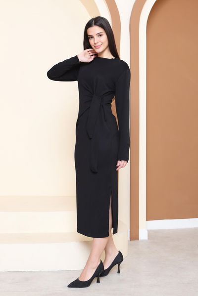 Yandan Bağlama Detaylı Modal Elbise - 27880-SIYAH 