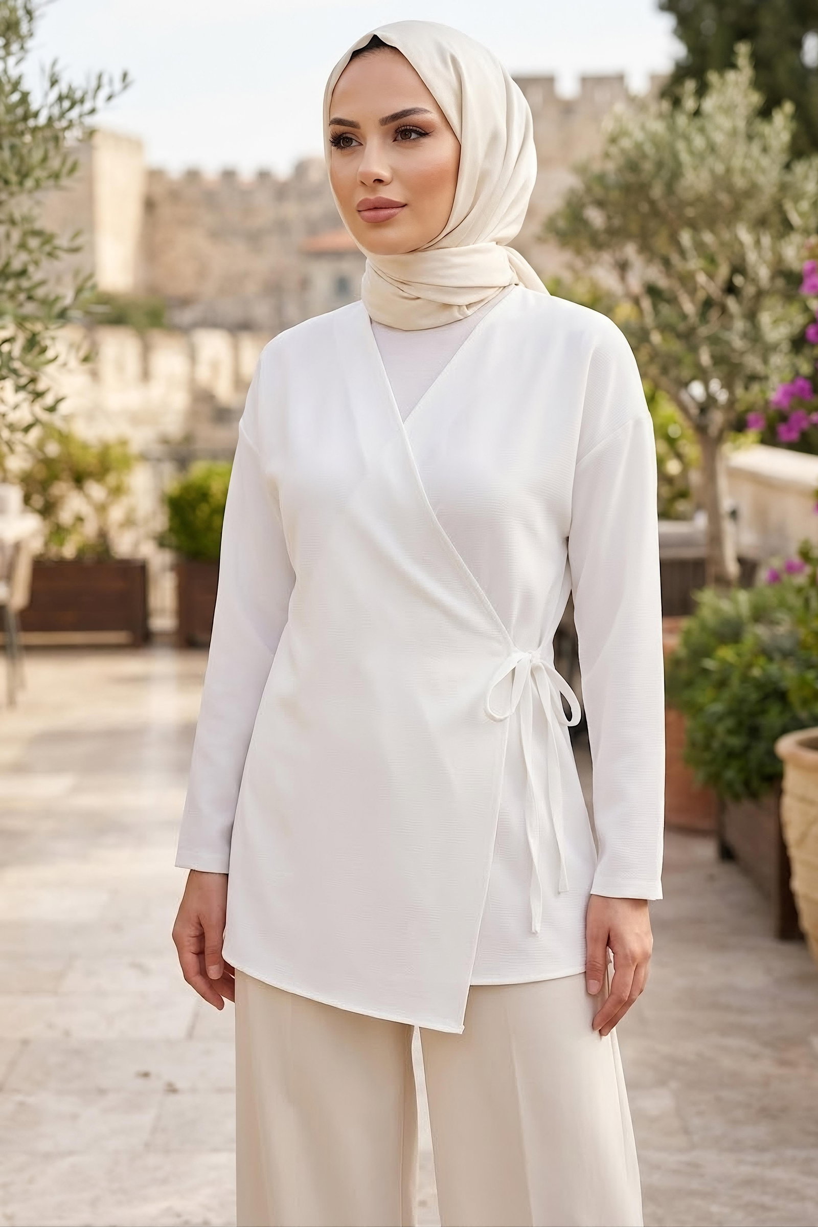 Yandan Bağlamalı Ceket Beyaz - 28766-BEYAZ - 1