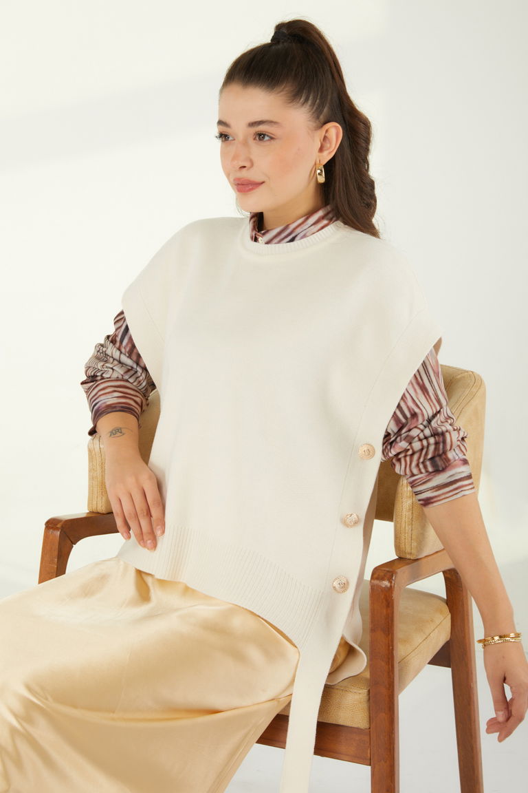 Yandan Bağlamalı Düğmeli Triko Süveter - 27638 - TOFİSA