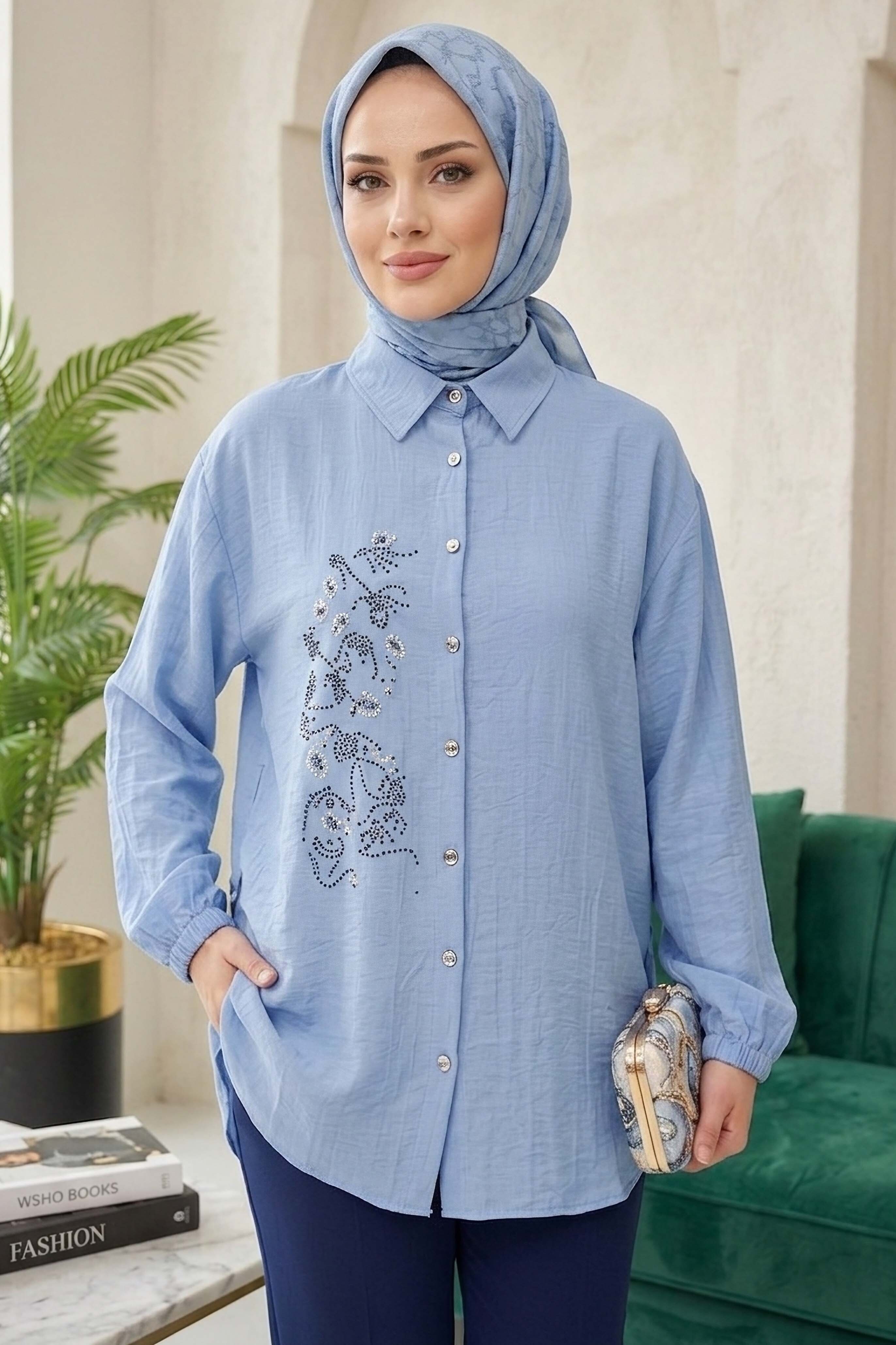 Yandan Düğme Detaylı Pullu Gömlek - 1304-BEBE-MAVI - 1