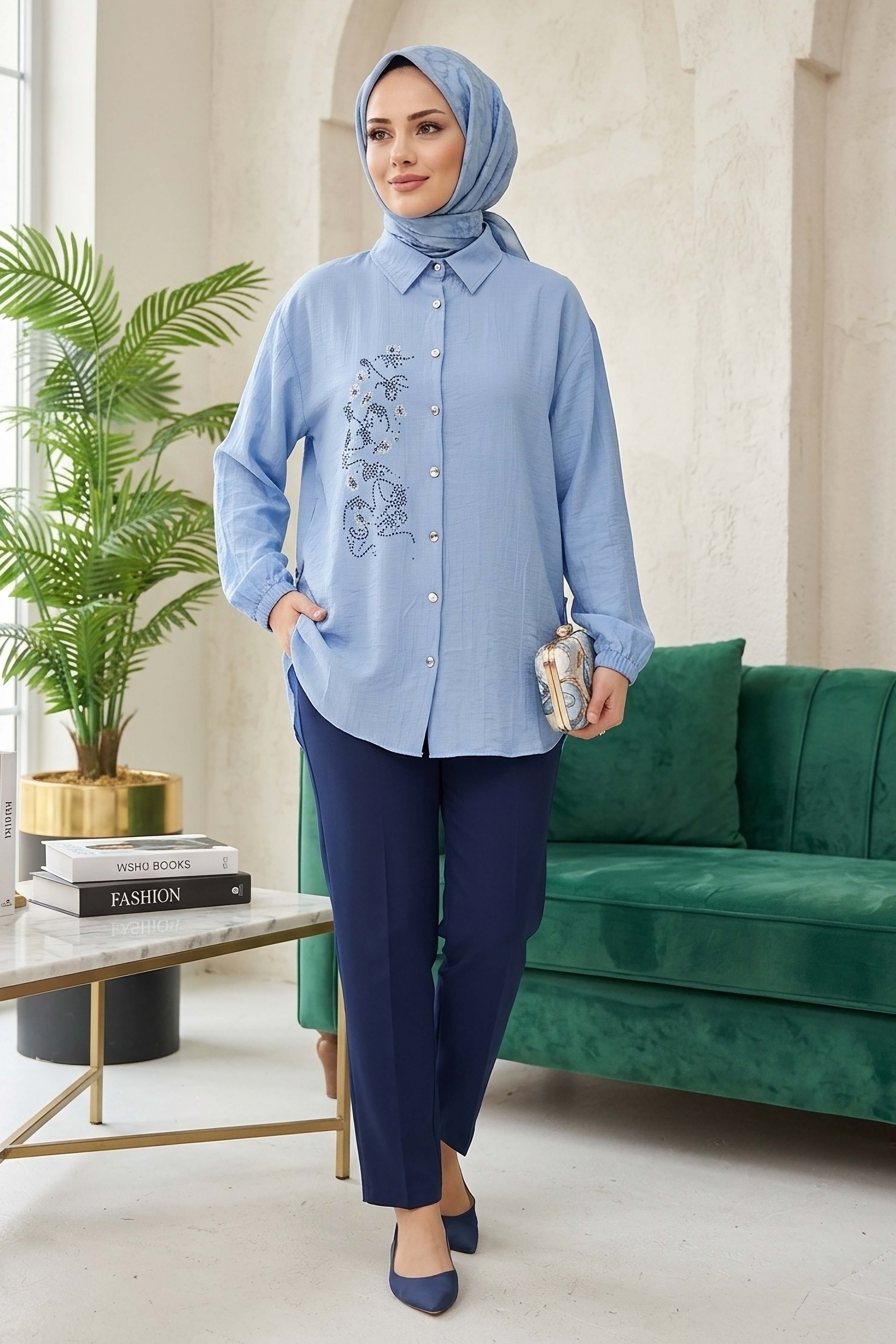 Yandan Düğme Detaylı Pullu Gömlek - 1304-BEBE-MAVI - 2