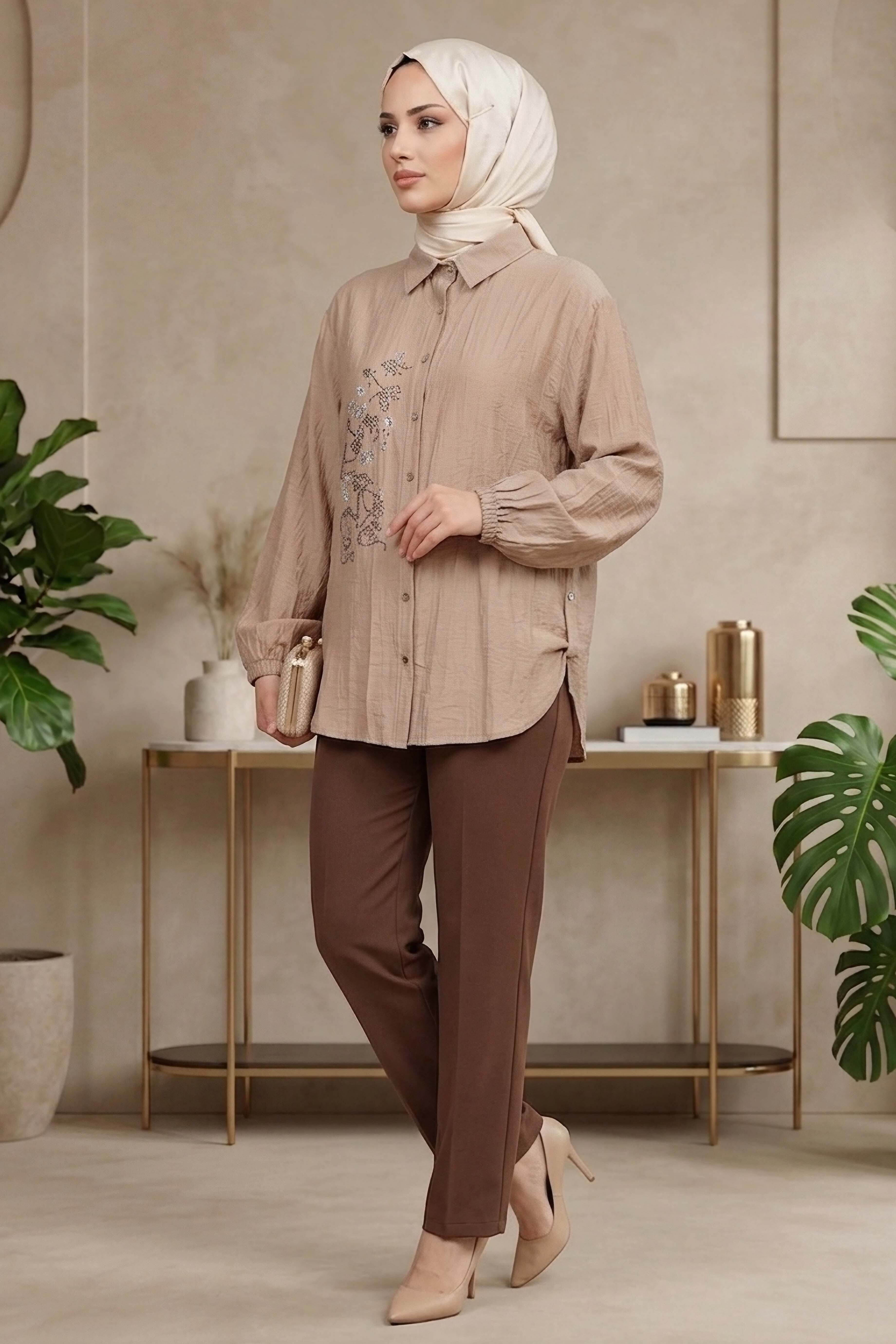 Yandan Düğme Detaylı Pullu Gömlek - 1304-BEJ - 1