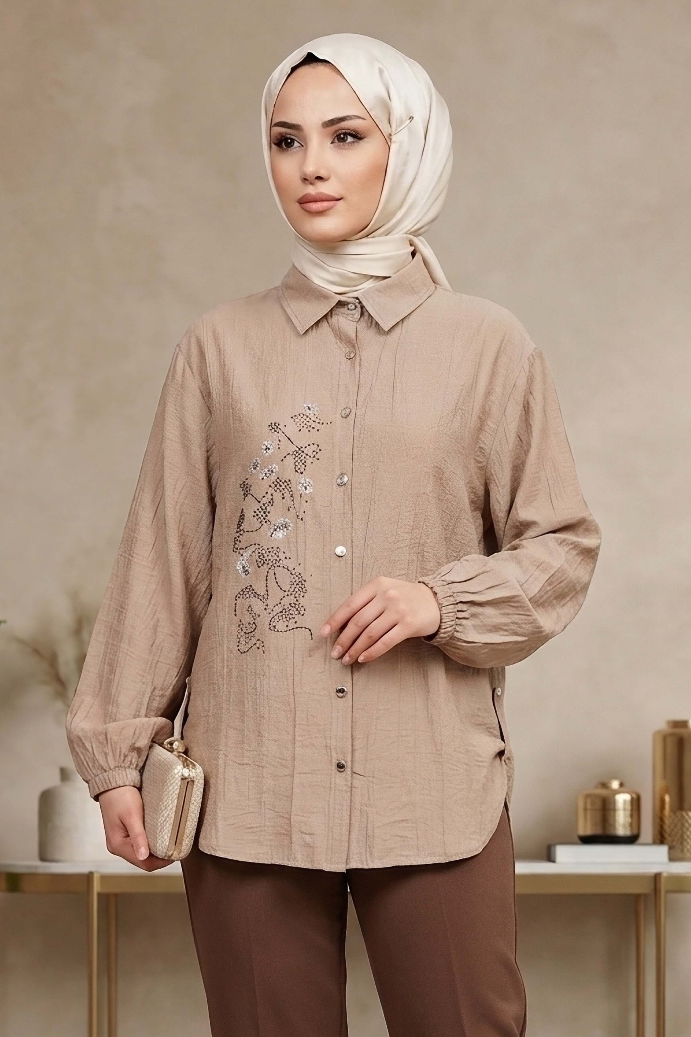 Yandan Düğme Detaylı Pullu Gömlek - 1304-BEJ - 2