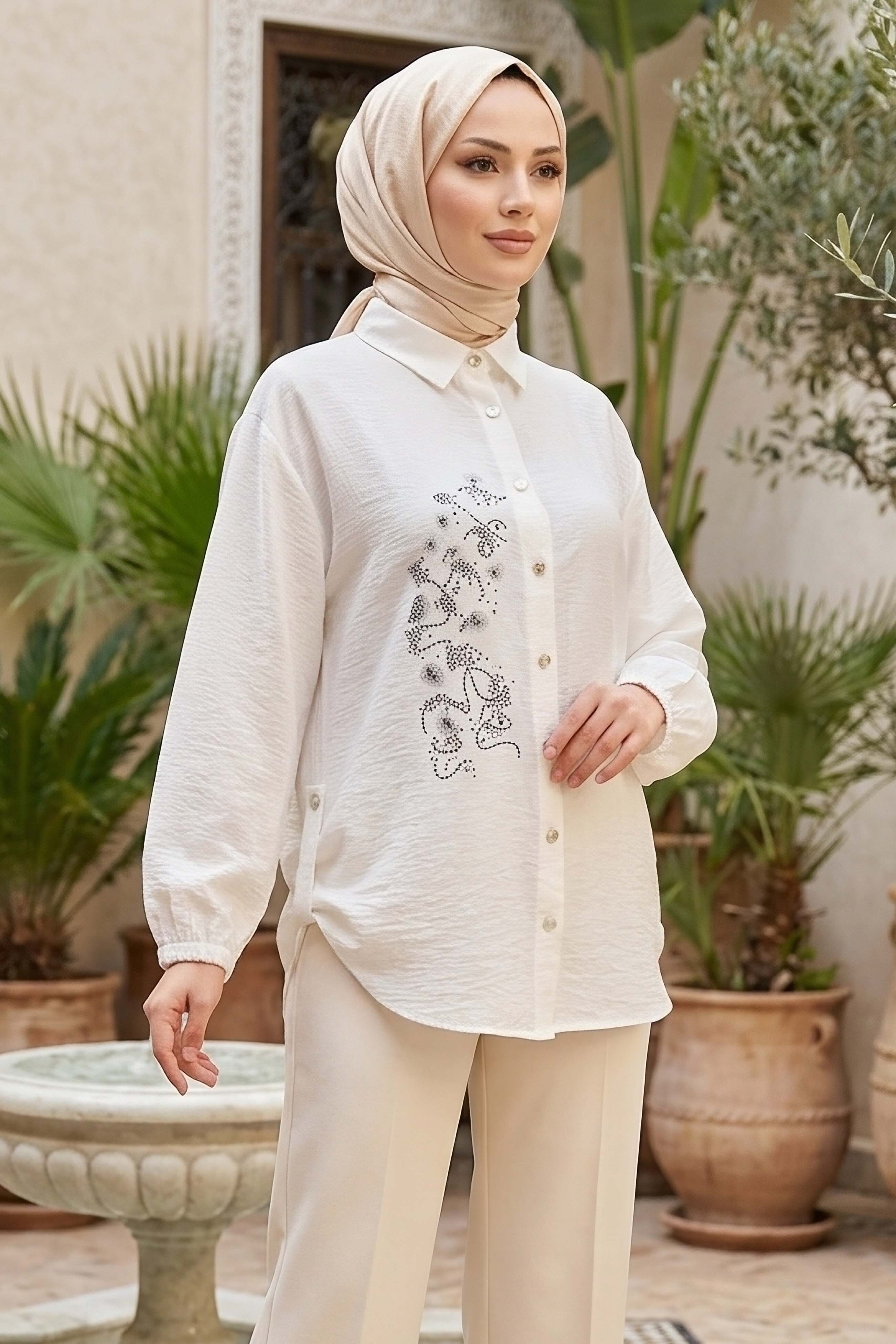 Yandan Düğme Detaylı Pullu Gömlek - 1304-BEYAZ - 1