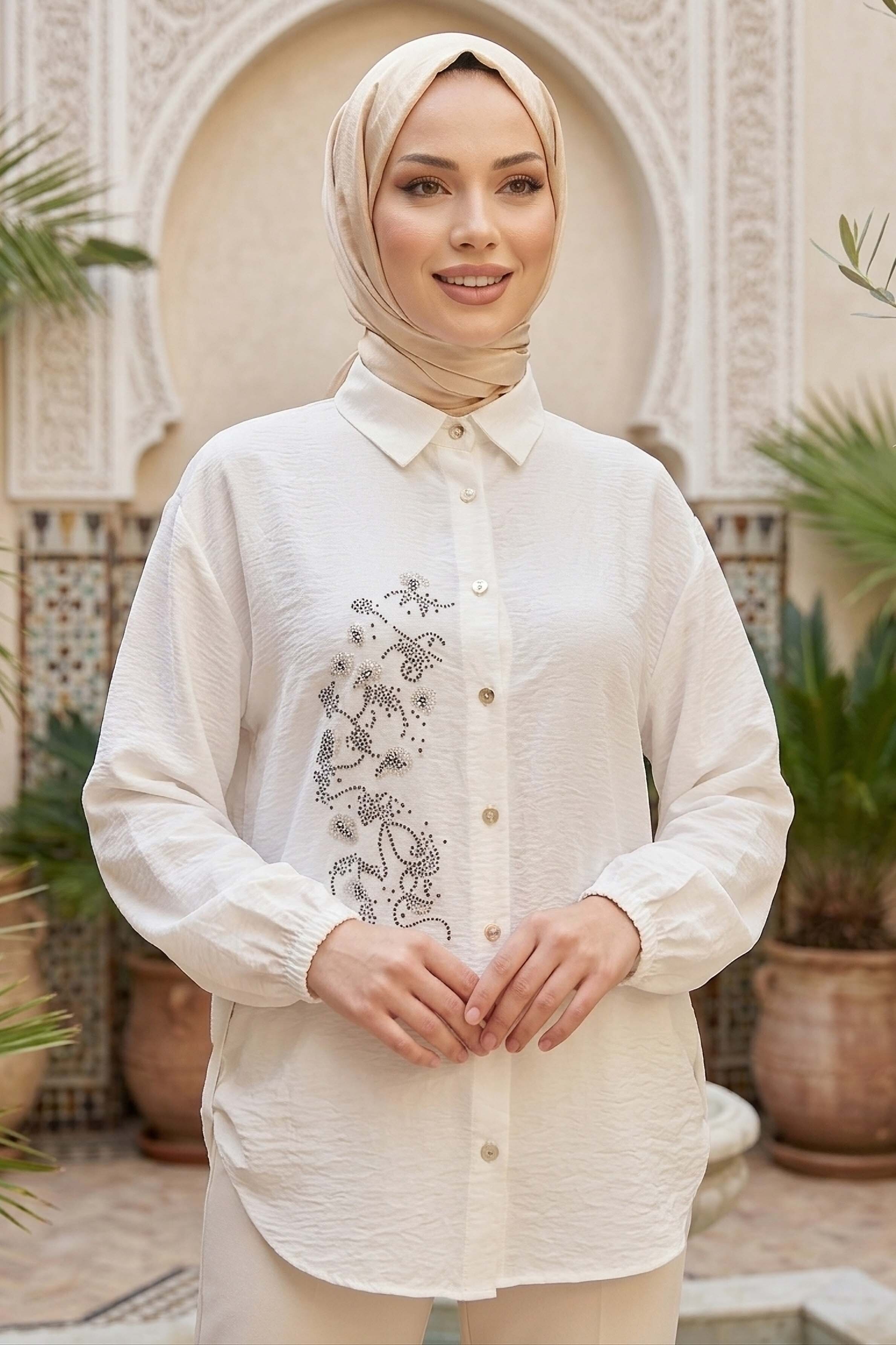 Yandan Düğme Detaylı Pullu Gömlek - 1304-BEYAZ - 2