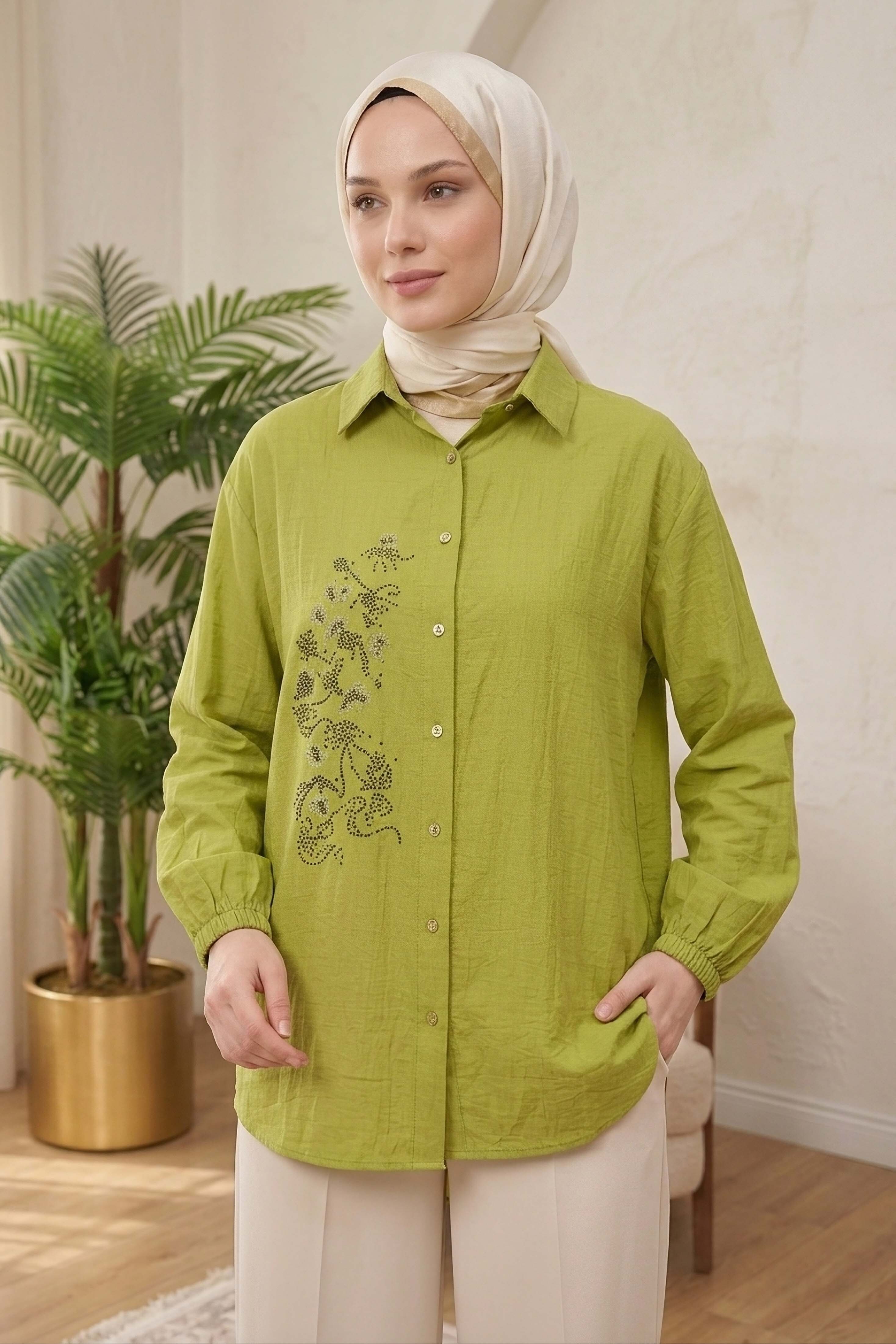 Yandan Düğme Detaylı Pullu Gömlek - 1304-FISTIK-YESILI - 1
