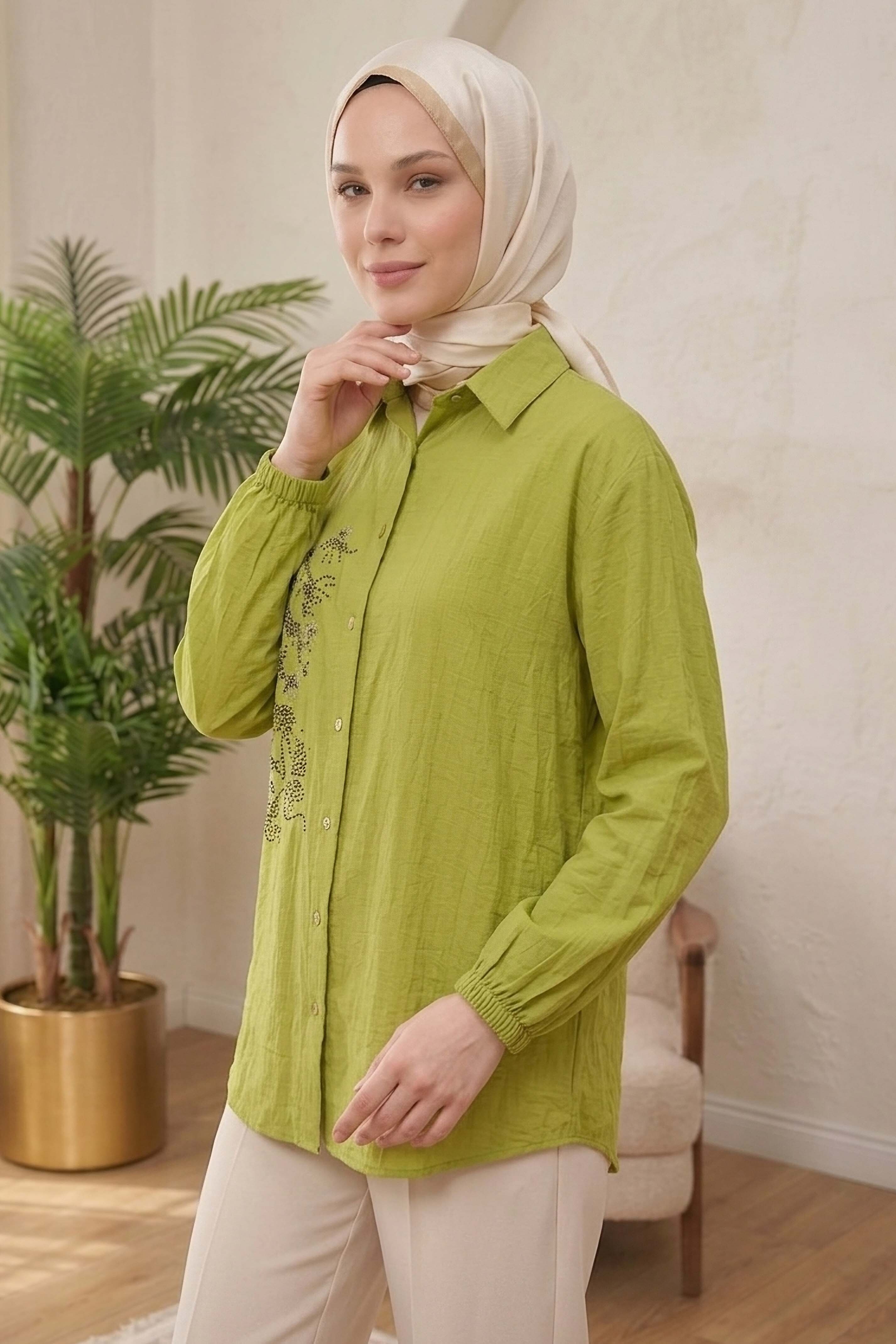 Yandan Düğme Detaylı Pullu Gömlek - 1304-FISTIK-YESILI - 2