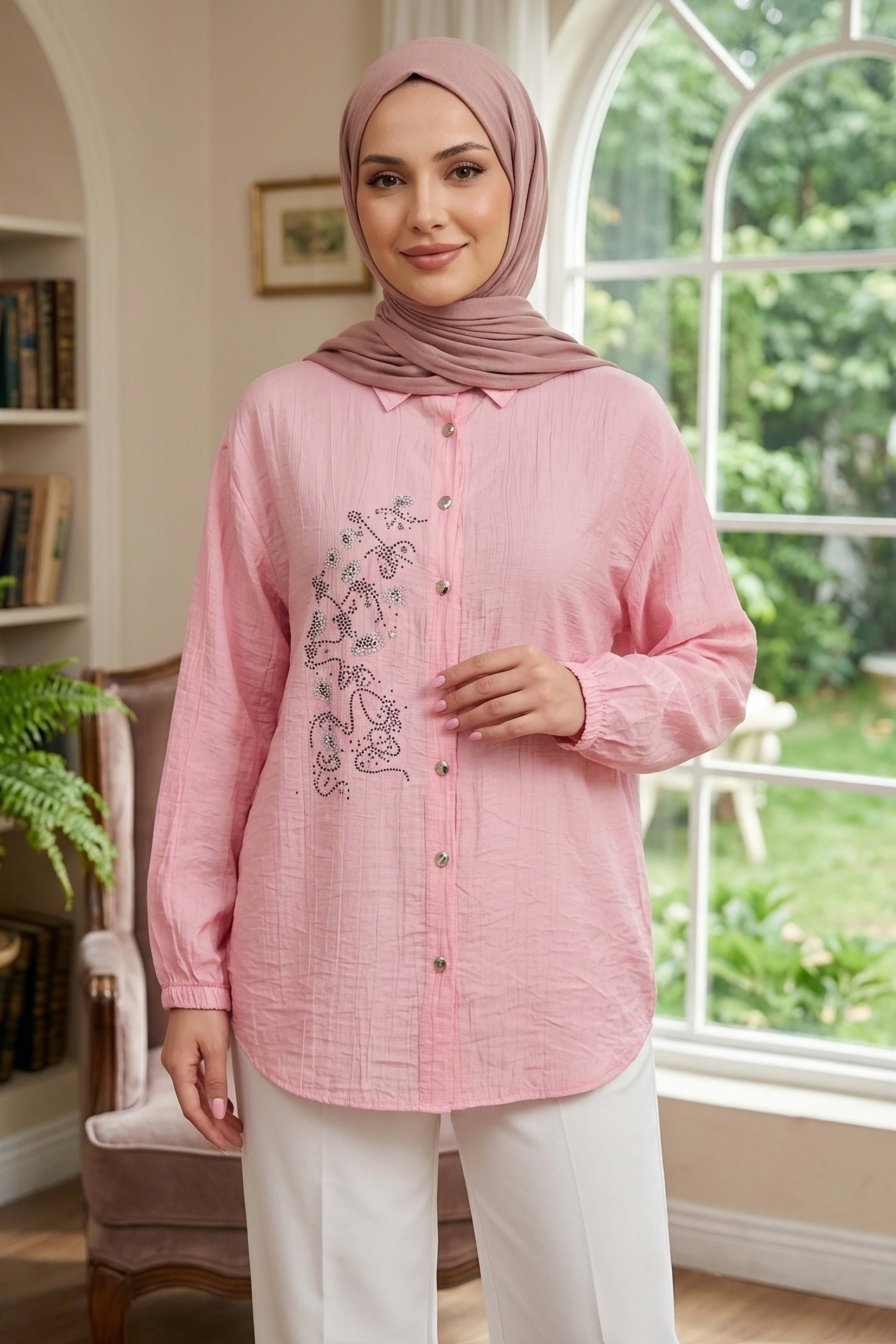 Yandan Düğme Detaylı Pullu Gömlek - 1304-PEMBE - 1