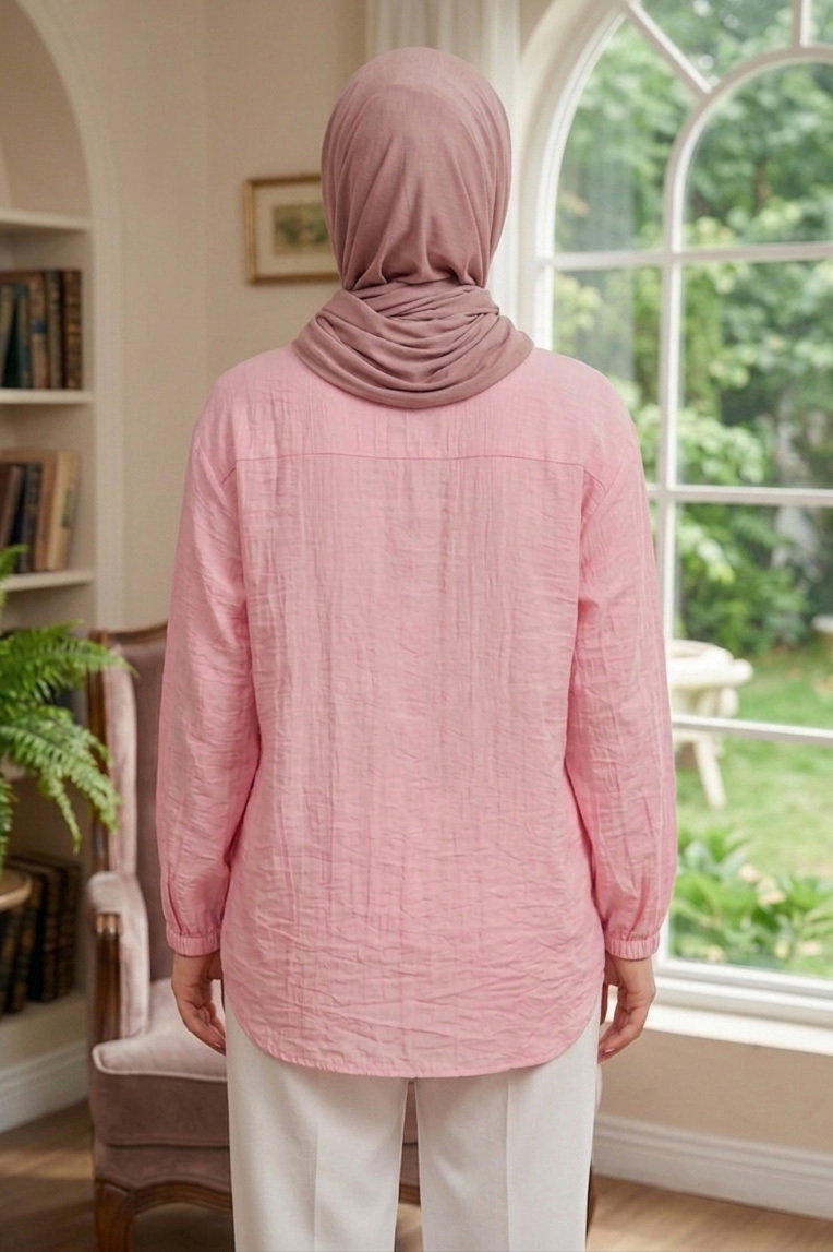 Yandan Düğme Detaylı Pullu Gömlek - 1304-PEMBE - 3