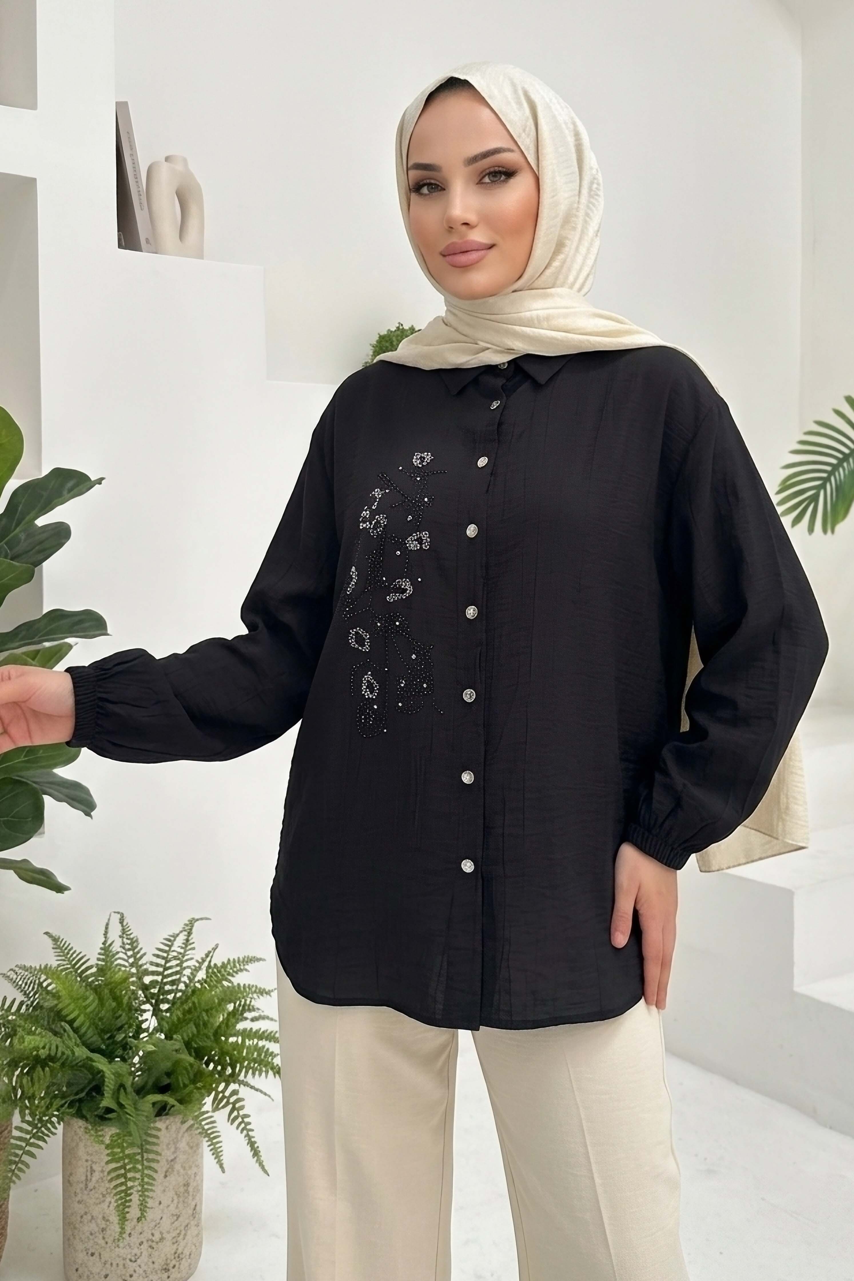 Yandan Düğme Detaylı Pullu Gömlek - 1304-SIYAH - 1