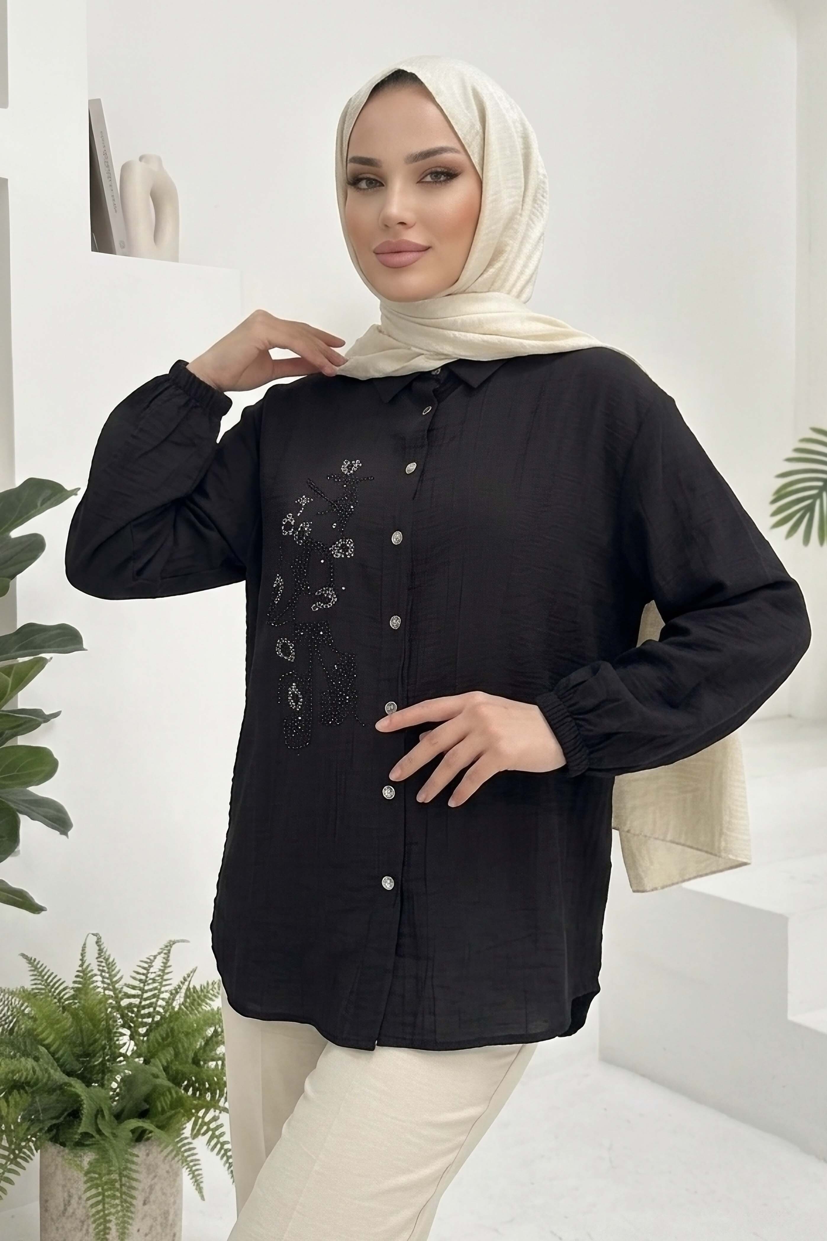 Yandan Düğme Detaylı Pullu Gömlek - 1304-SIYAH - 2