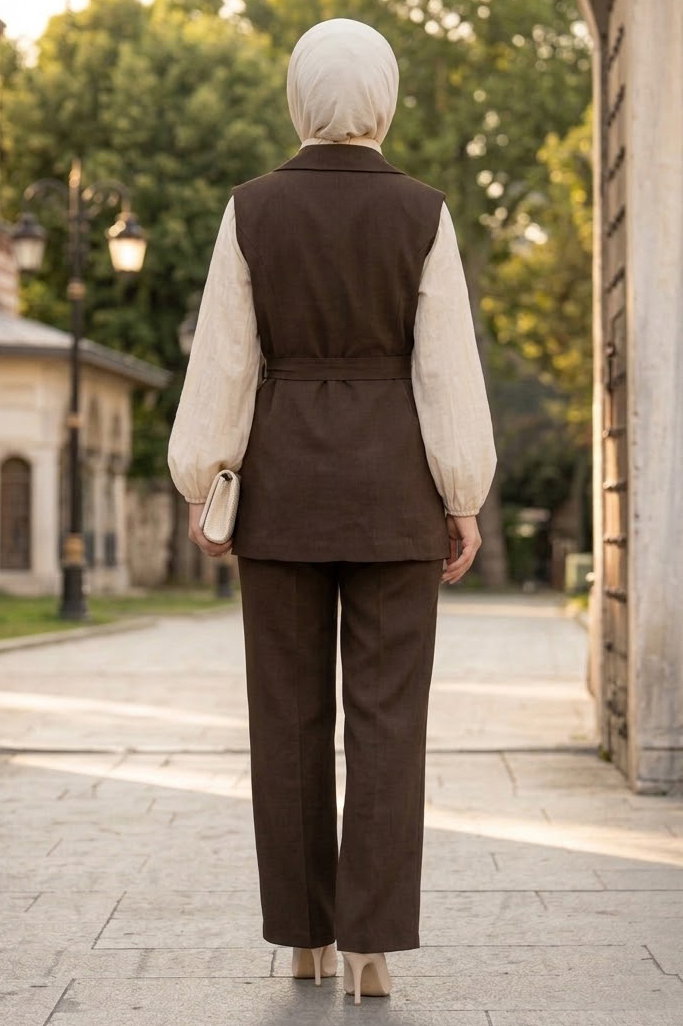 Yandan Kemer Ceket Pantolon Takım Kahve - 29053-KAHVE - 3