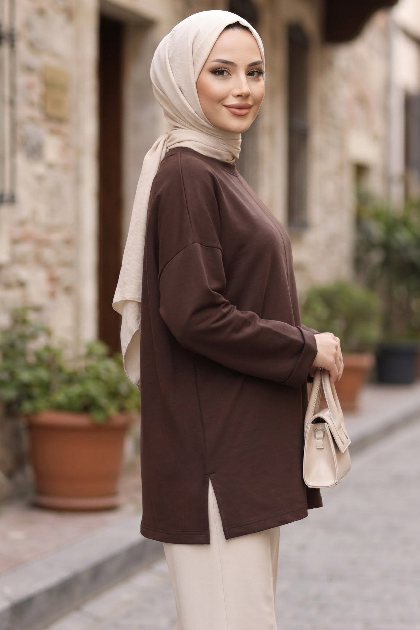 Yandan Yırtmaçlı Çimalı Tunik Kahve - 29327-KAHVE - 2
