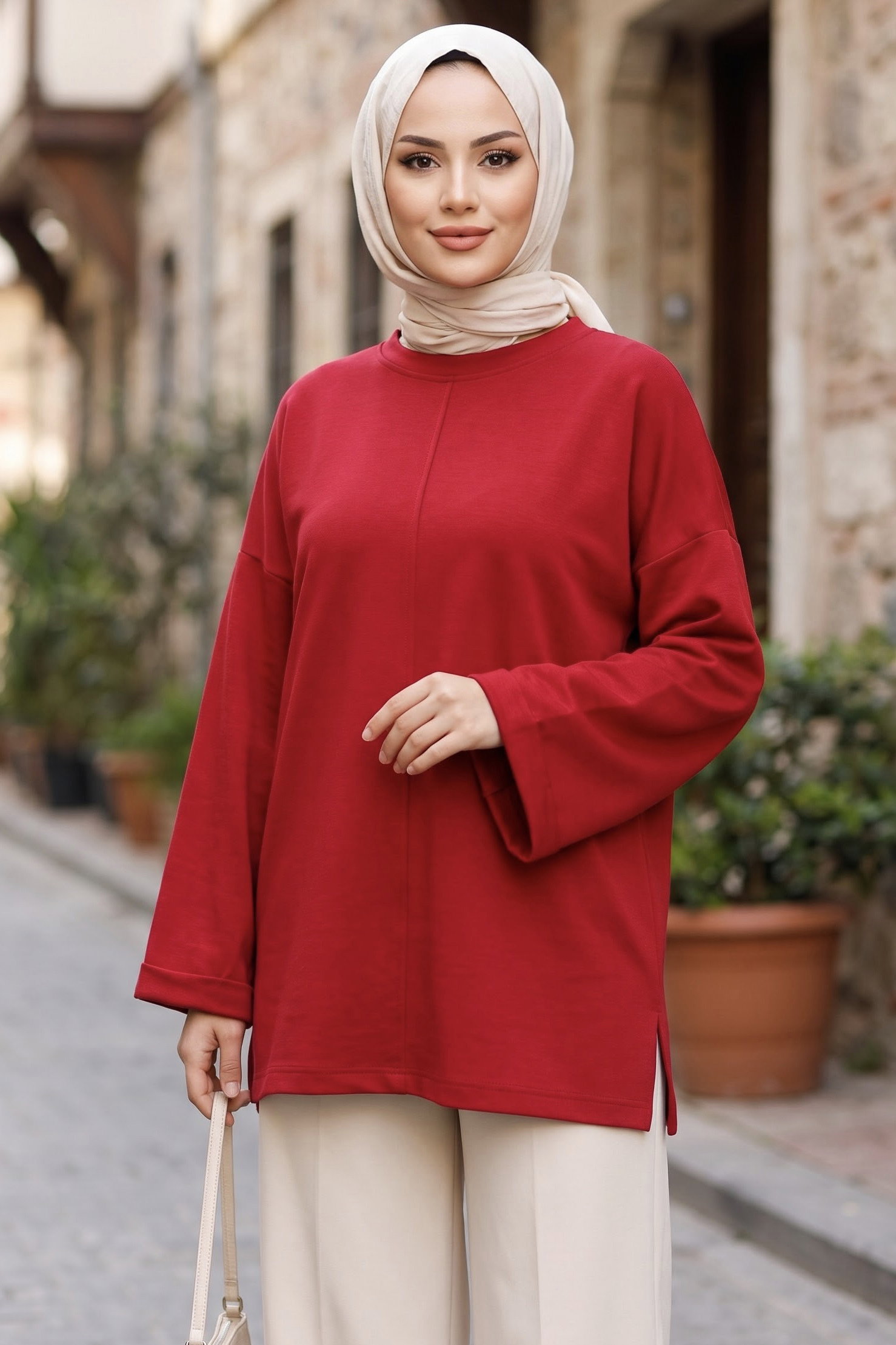 Yandan Yırtmaçlı Çimalı Tunik Kirmizi - 29327-KIRMIZI - 1