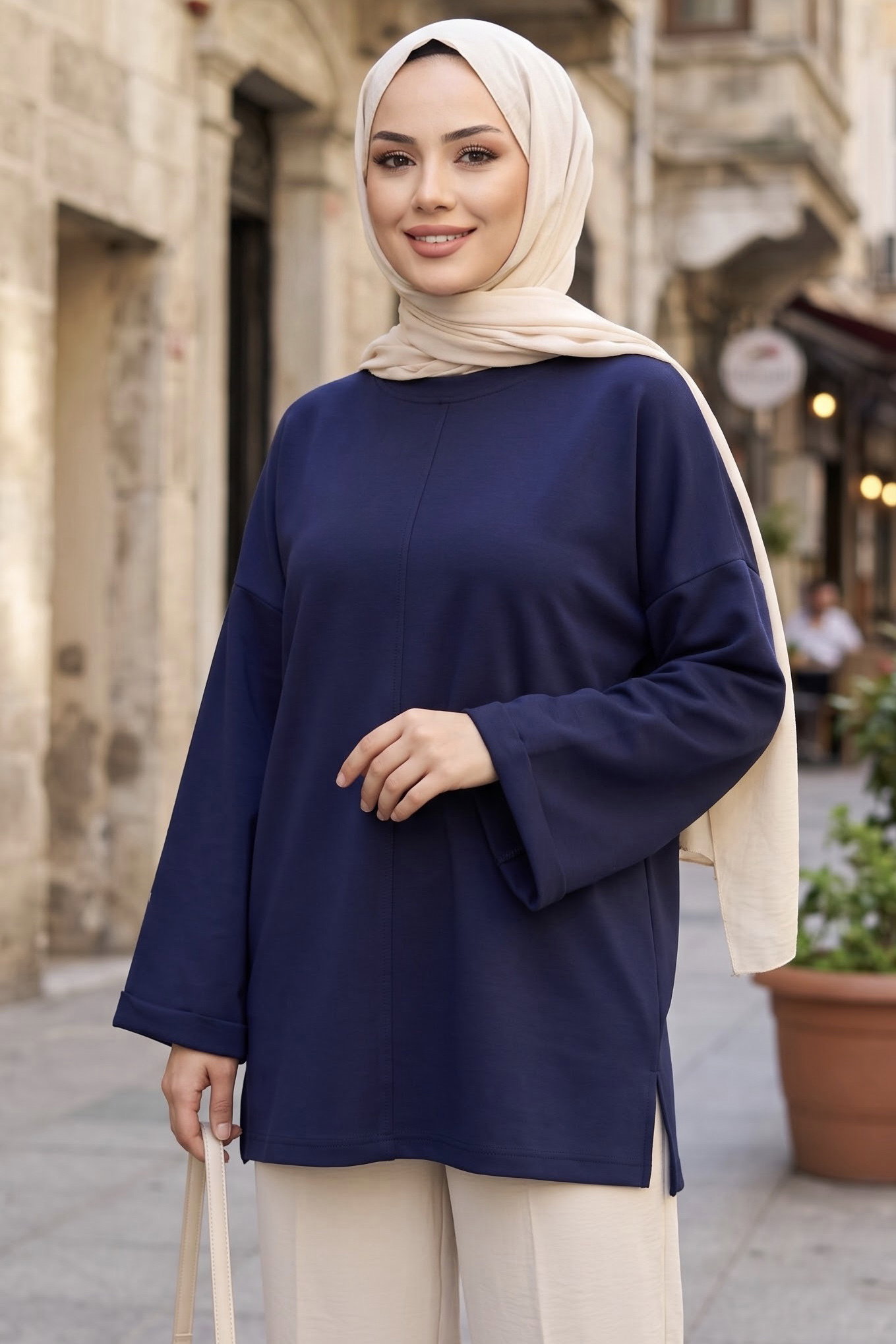 Yandan Yırtmaçlı Çimalı Tunik Lacivert - 29327-LACIVERT - 2