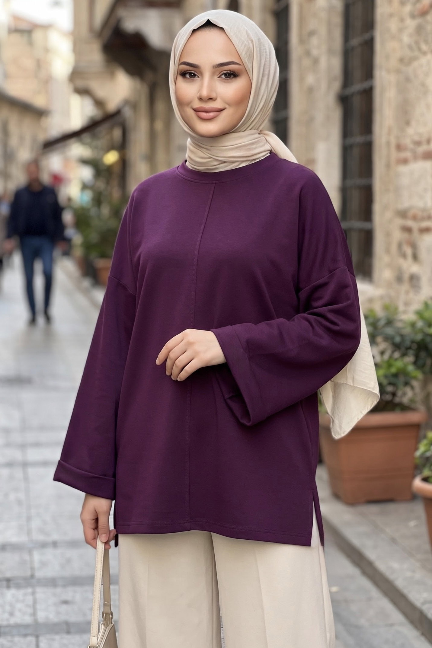 Yandan Yırtmaçlı Çimalı Tunik Mor - 29327-MOR - 1