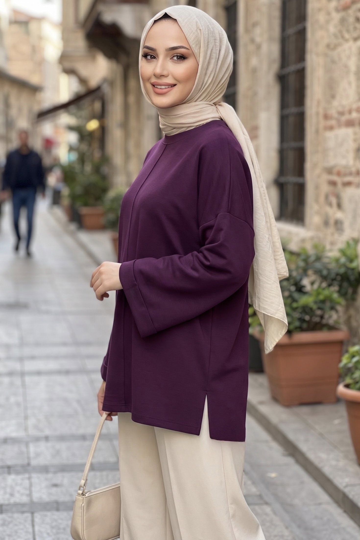 Yandan Yırtmaçlı Çimalı Tunik Mor - 29327-MOR - 2