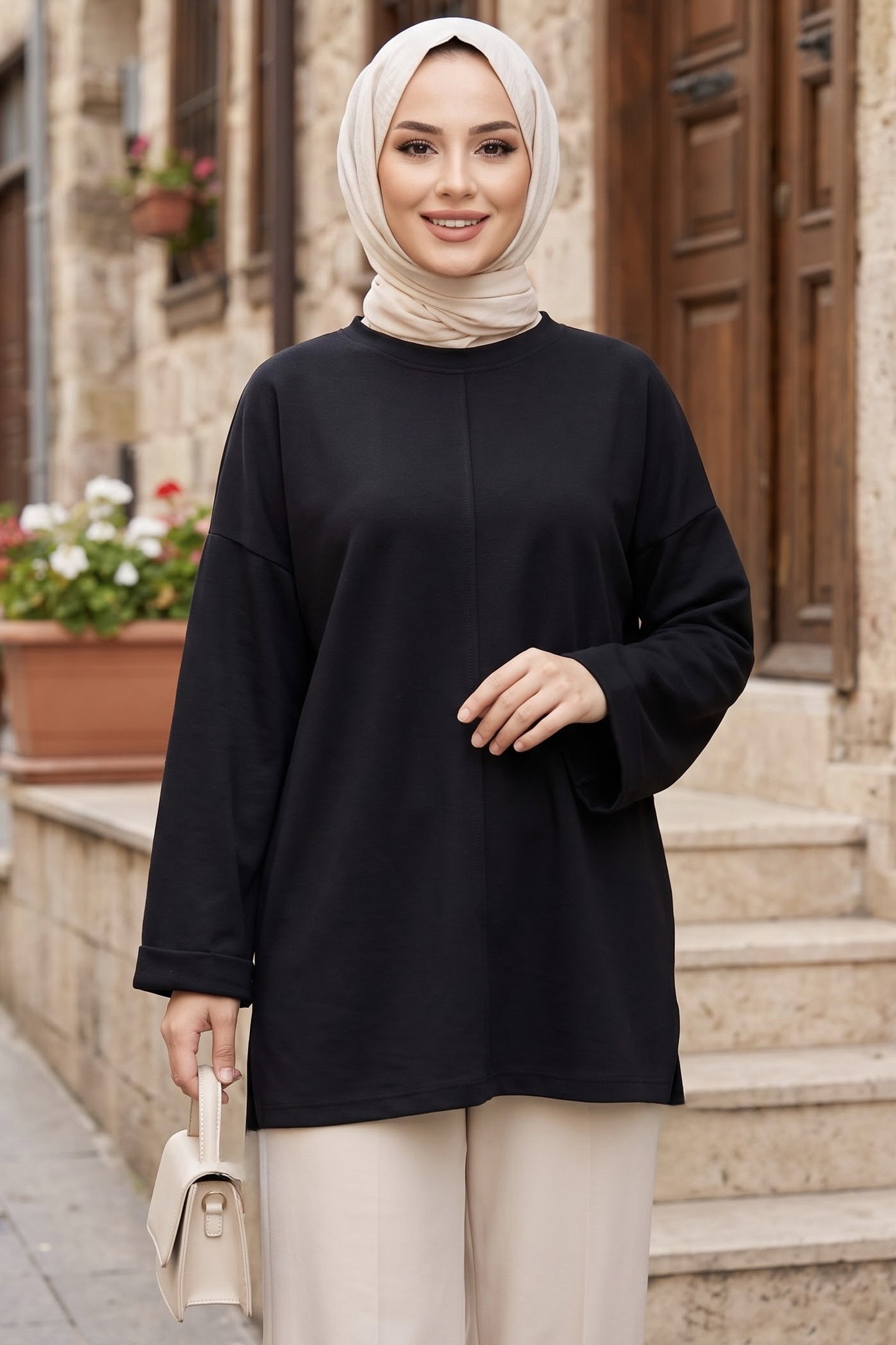 Yandan Yırtmaçlı Çimalı Tunik Siyah - 29327-SIYAH - 1