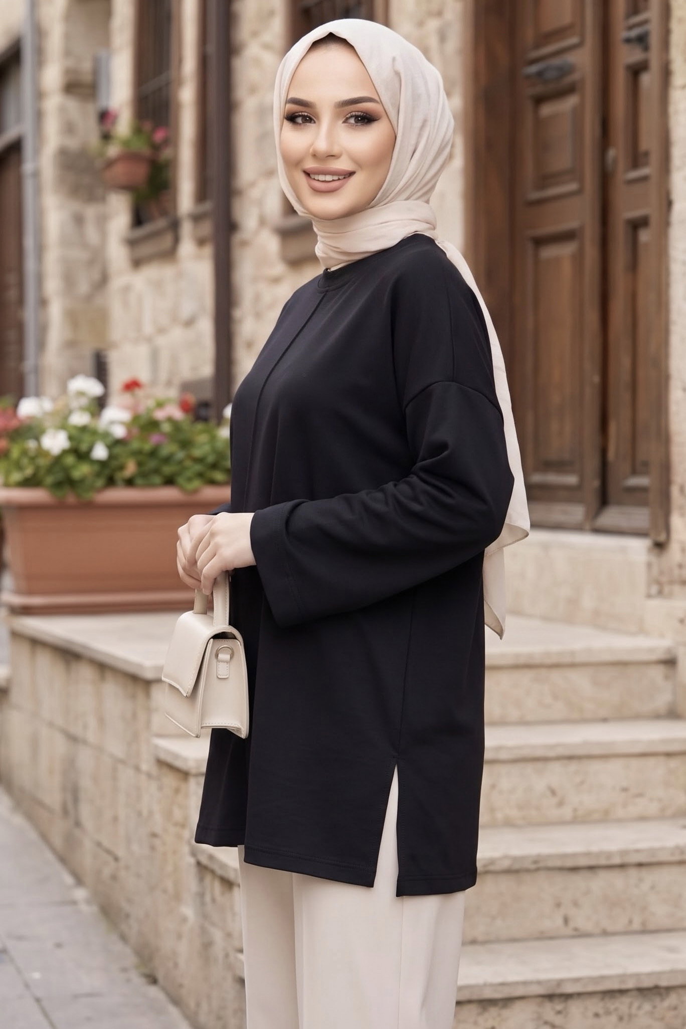 Yandan Yırtmaçlı Çimalı Tunik Siyah - 29327-SIYAH - 2