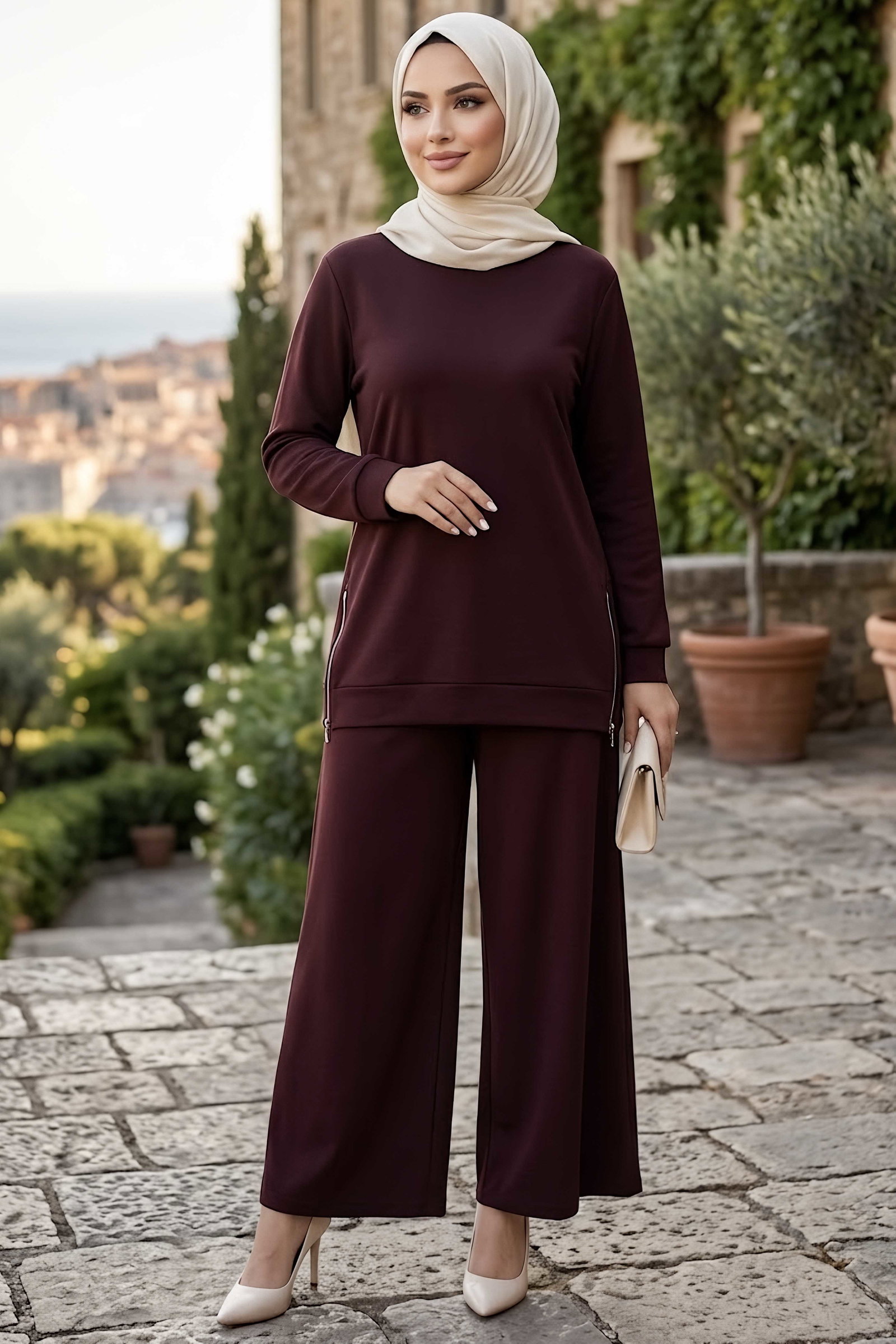 Yanı Fermuar Detaylı Oysh Modal Takım Bordo - 1360-BORDO - 2