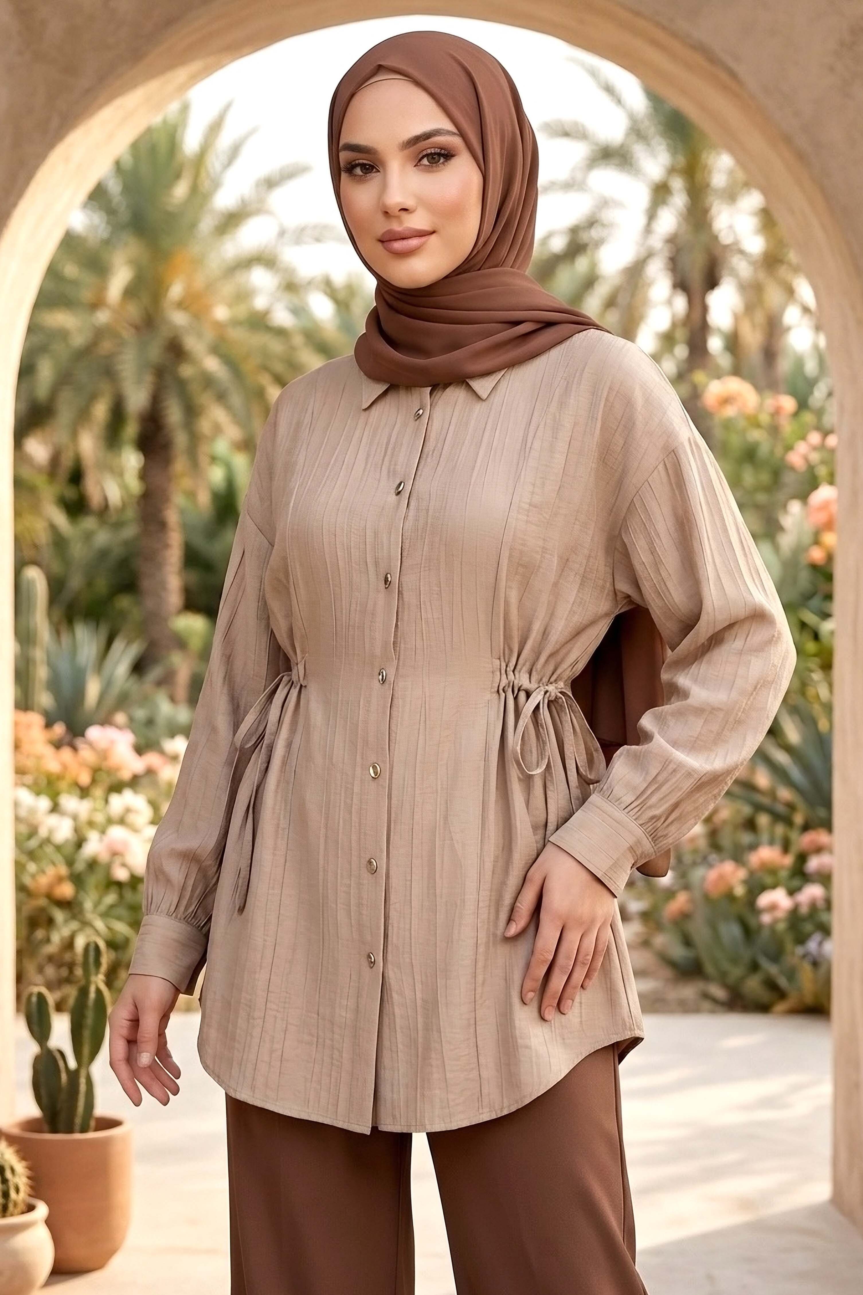 Yanlar Bağcık Detaylı Çilek Tunik - 1307-BEJ - 2