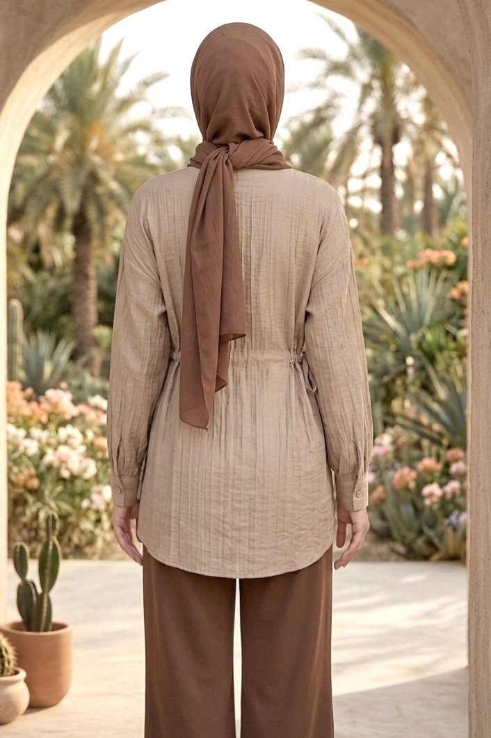 Yanlar Bağcık Detaylı Çilek Tunik - 1307-BEJ - 3