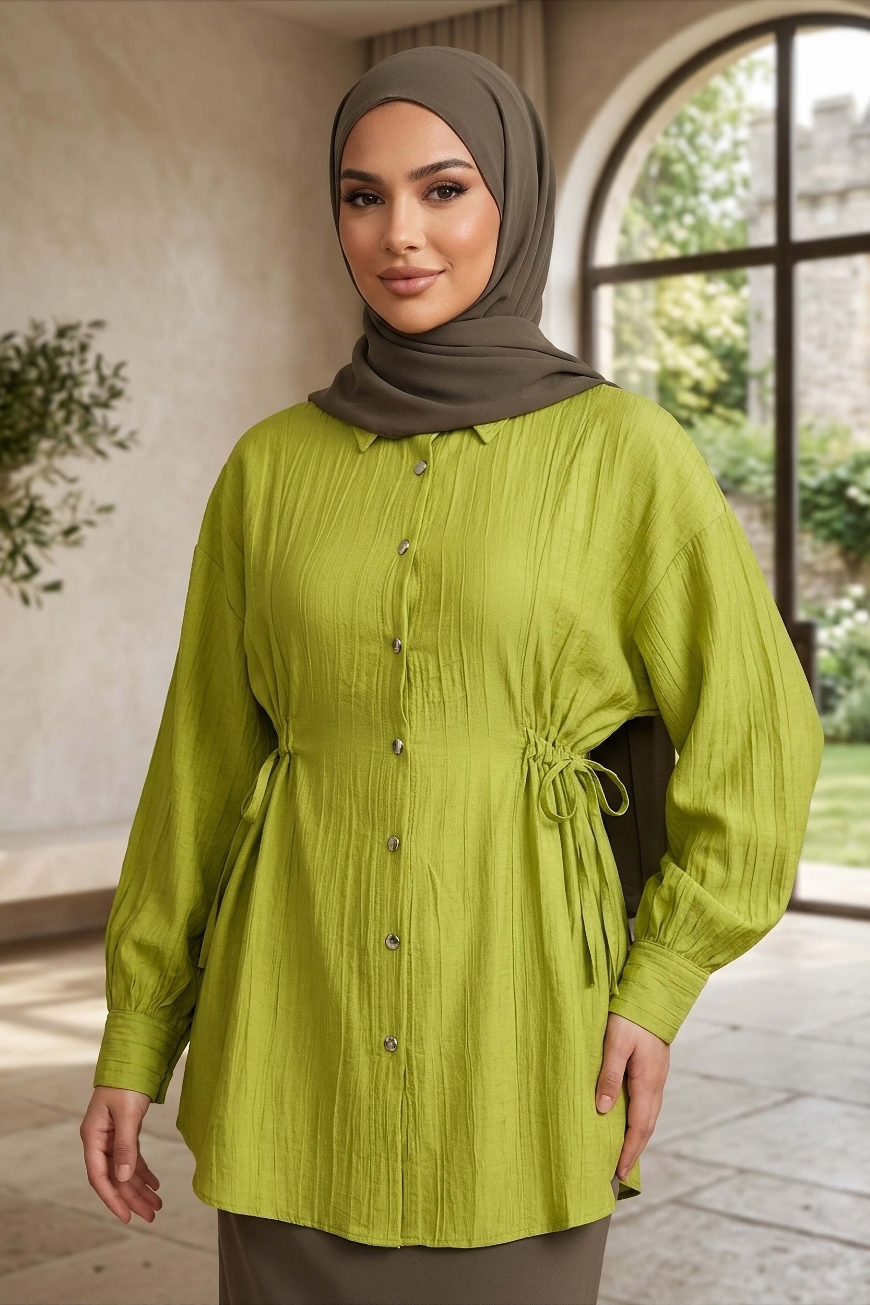 Yanlar Bağcık Detaylı Çilek Tunik - 1307-FISTIK-YESILI - 1