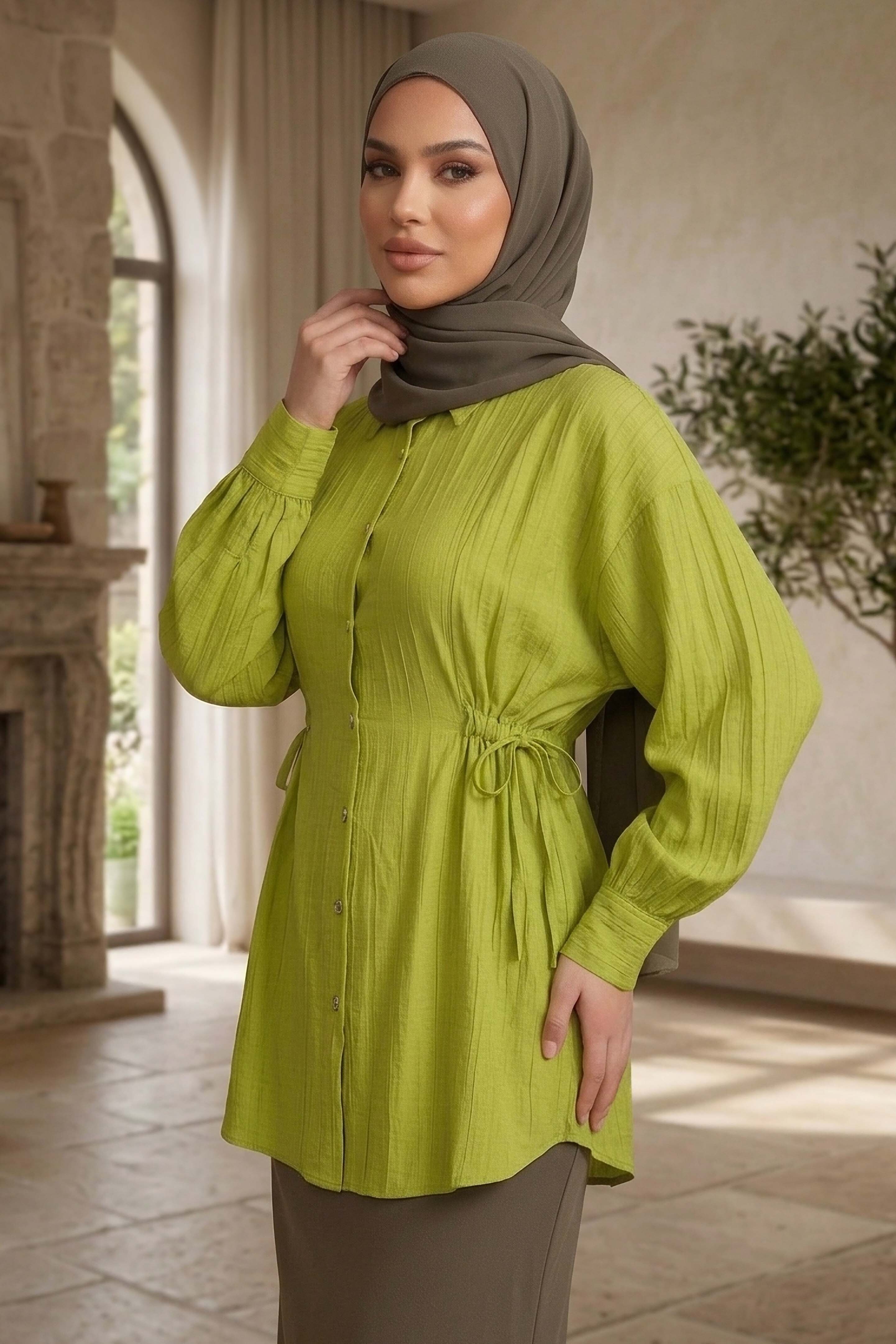 Yanlar Bağcık Detaylı Çilek Tunik - 1307-FISTIK-YESILI - 2