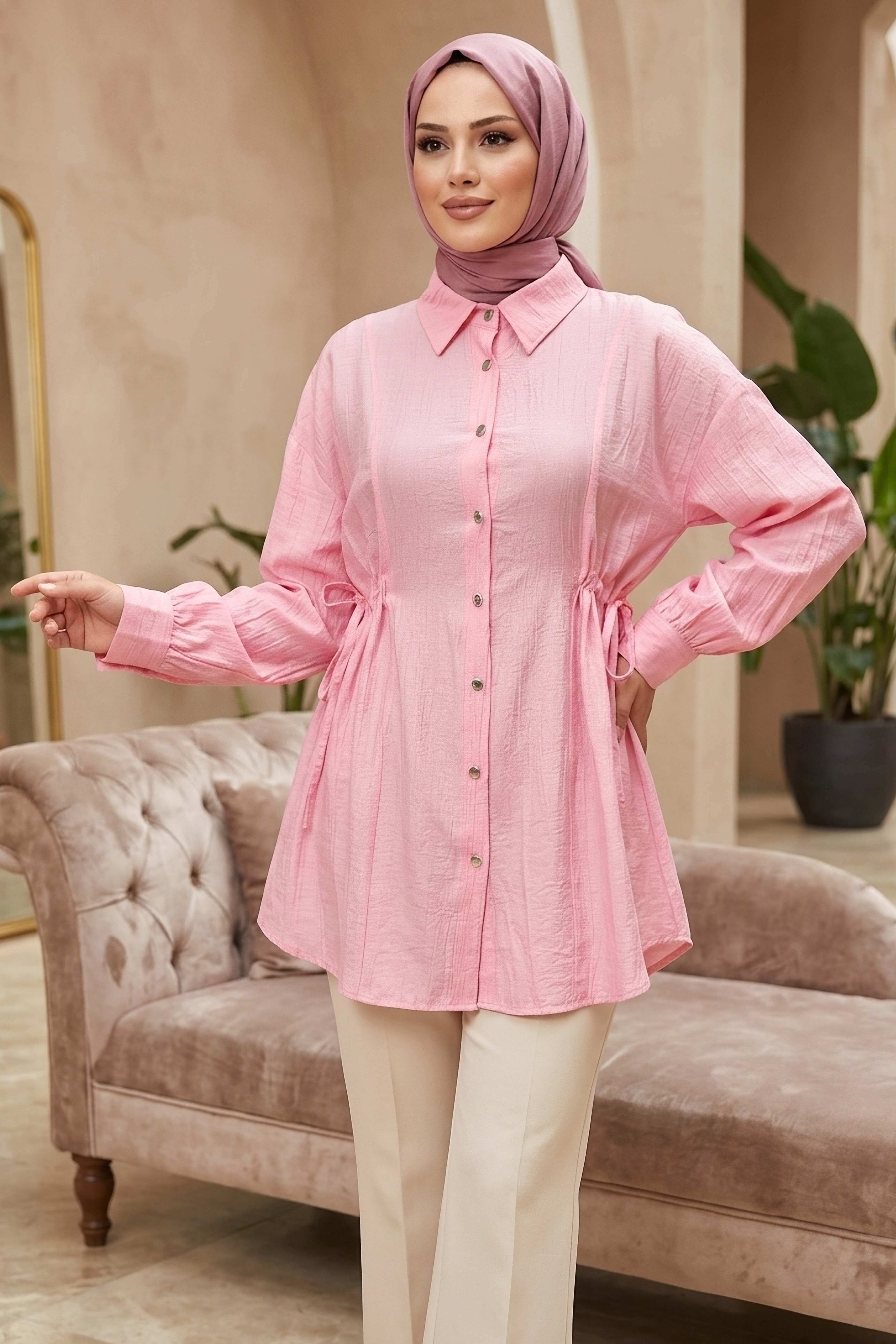 Yanlar Bağcık Detaylı Çilek Tunik - 1307-PEMBE - 1