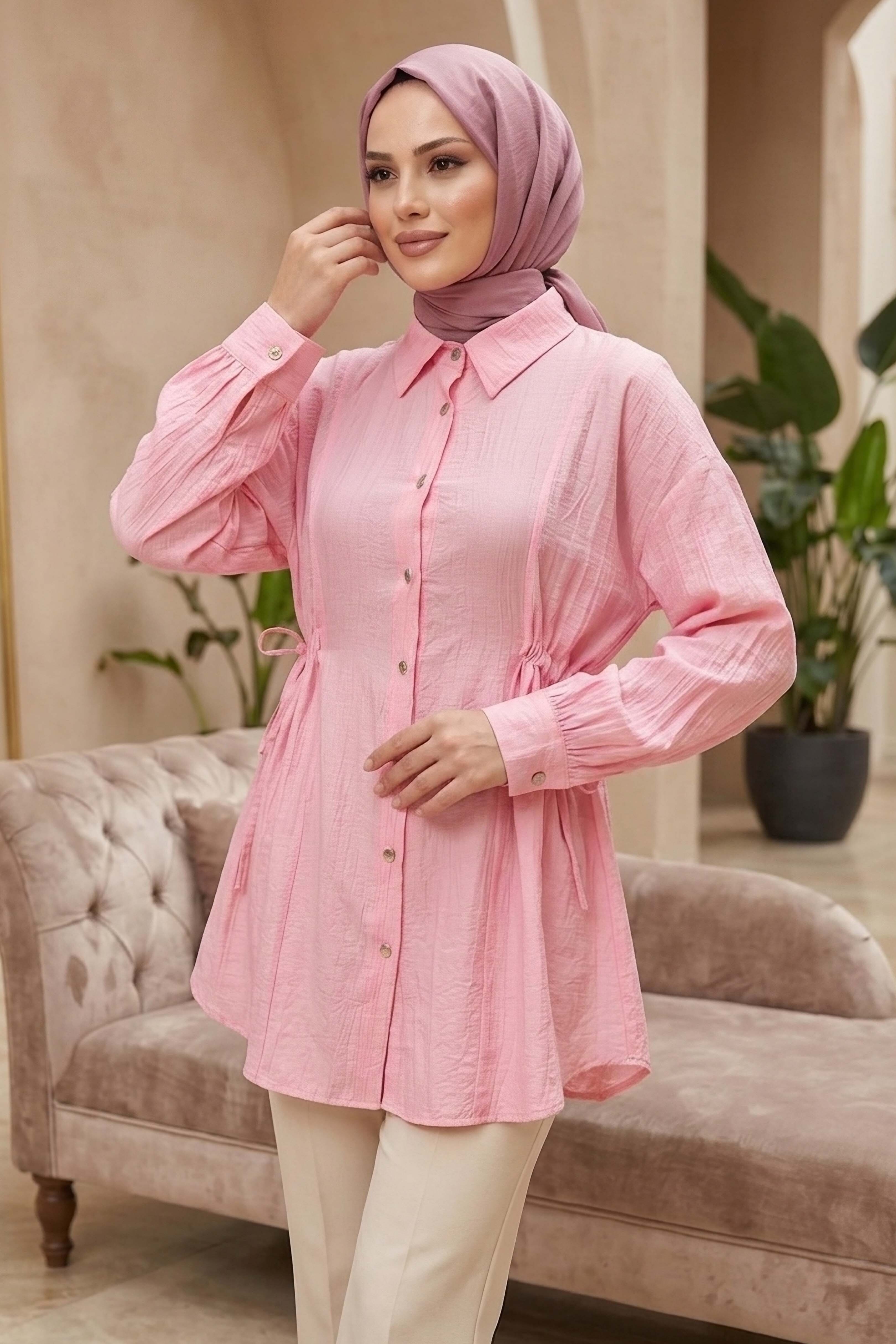 Yanlar Bağcık Detaylı Çilek Tunik - 1307-PEMBE - 2