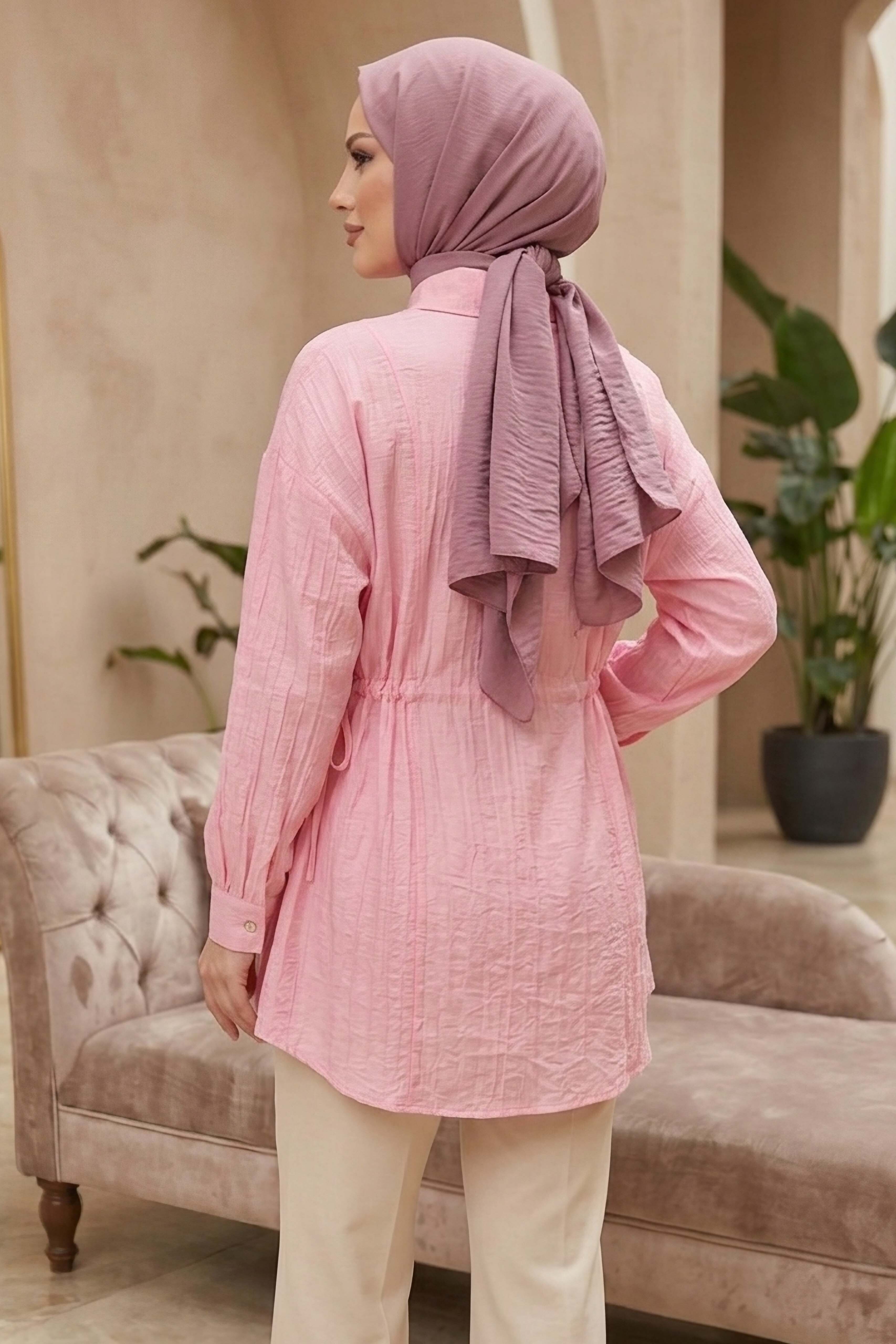 Yanlar Bağcık Detaylı Çilek Tunik - 1307-PEMBE - 3