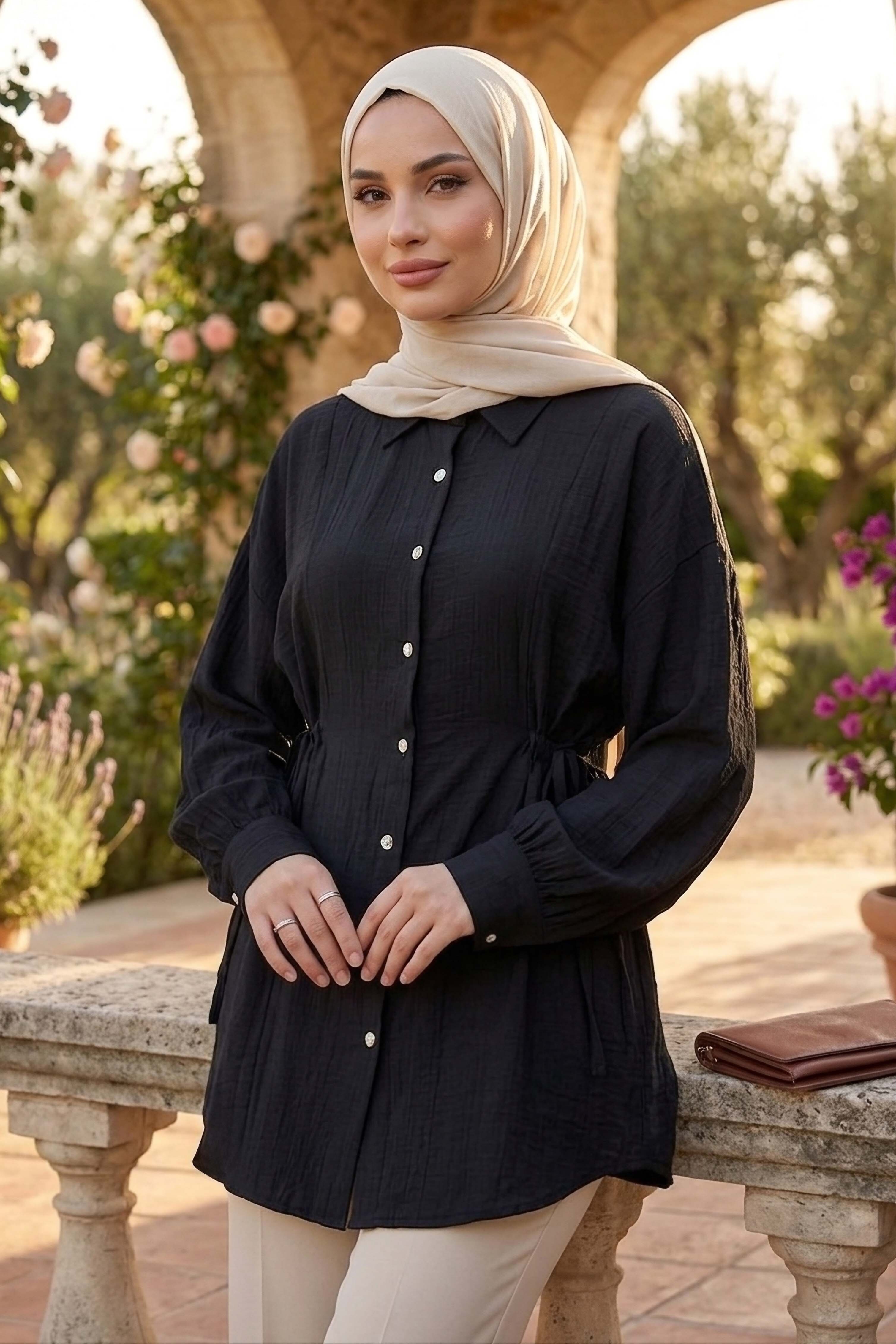 Yanlar Bağcık Detaylı Çilek Tunik - 1307-SIYAH - 1