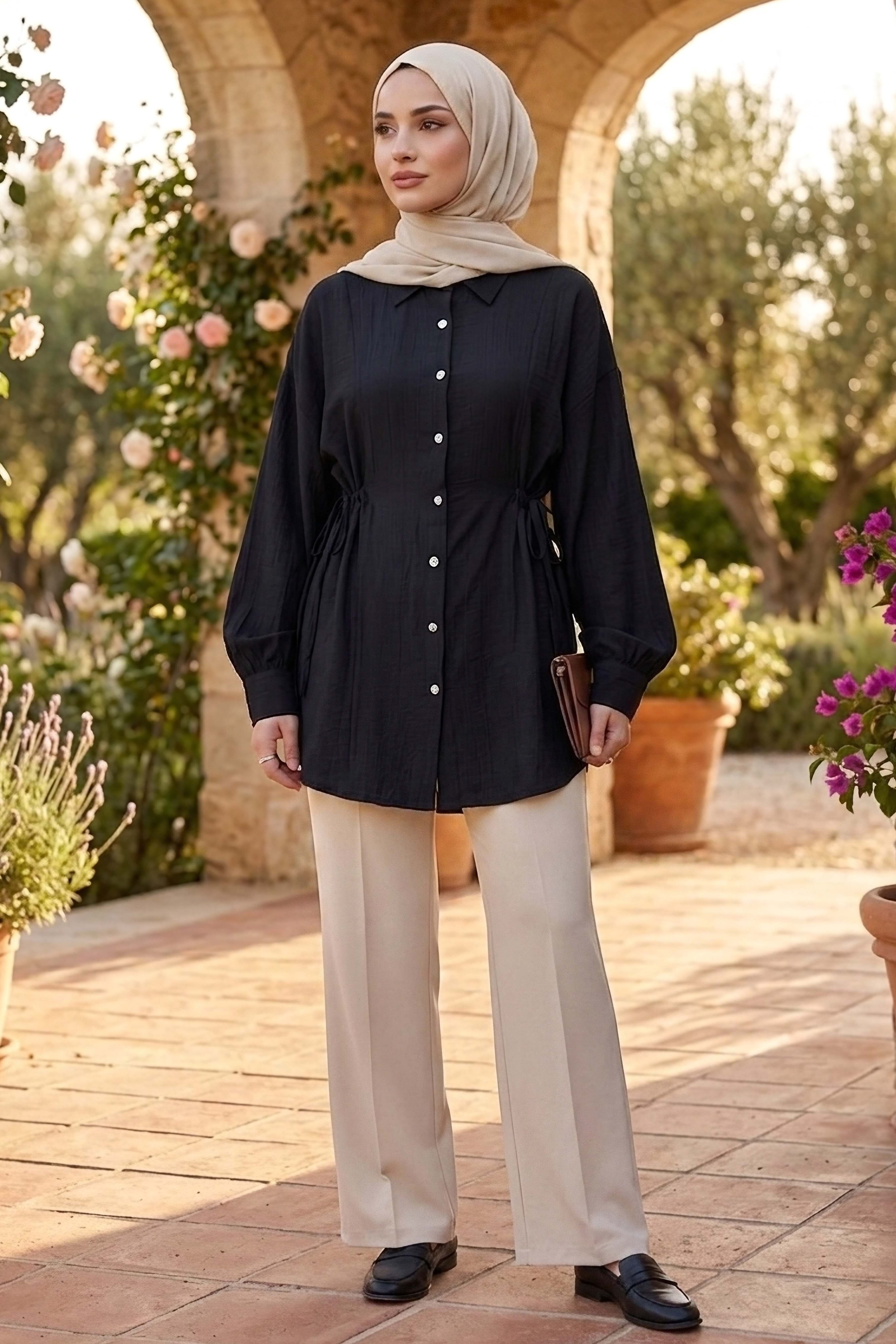 Yanlar Bağcık Detaylı Çilek Tunik - 1307-SIYAH - 2