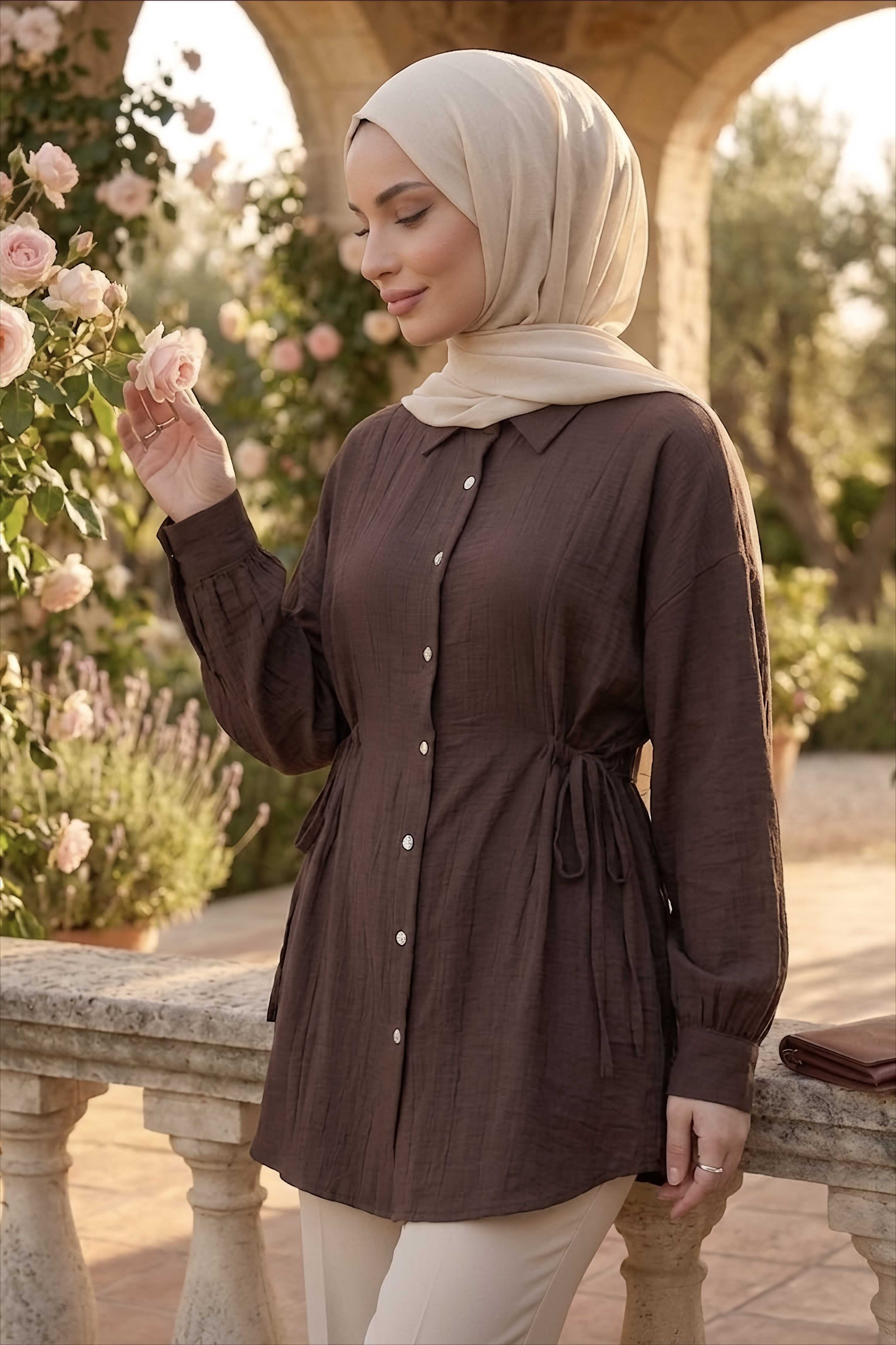 Yanlar Bağcık Detaylı Çilek Tunik Kahve - 1307-KAHVE - 1