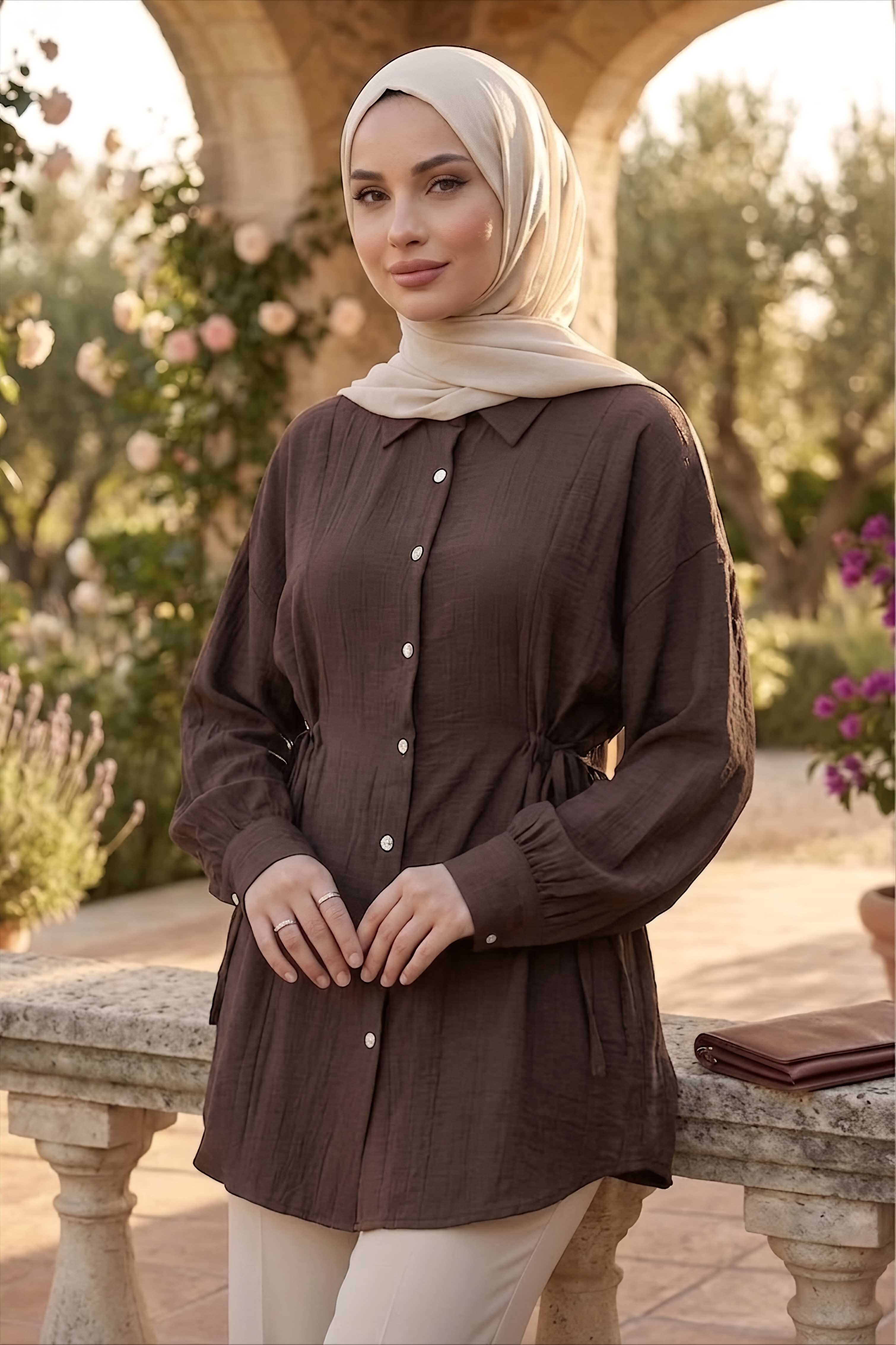 Yanlar Bağcık Detaylı Çilek Tunik Kahve - 1307-KAHVE - 2