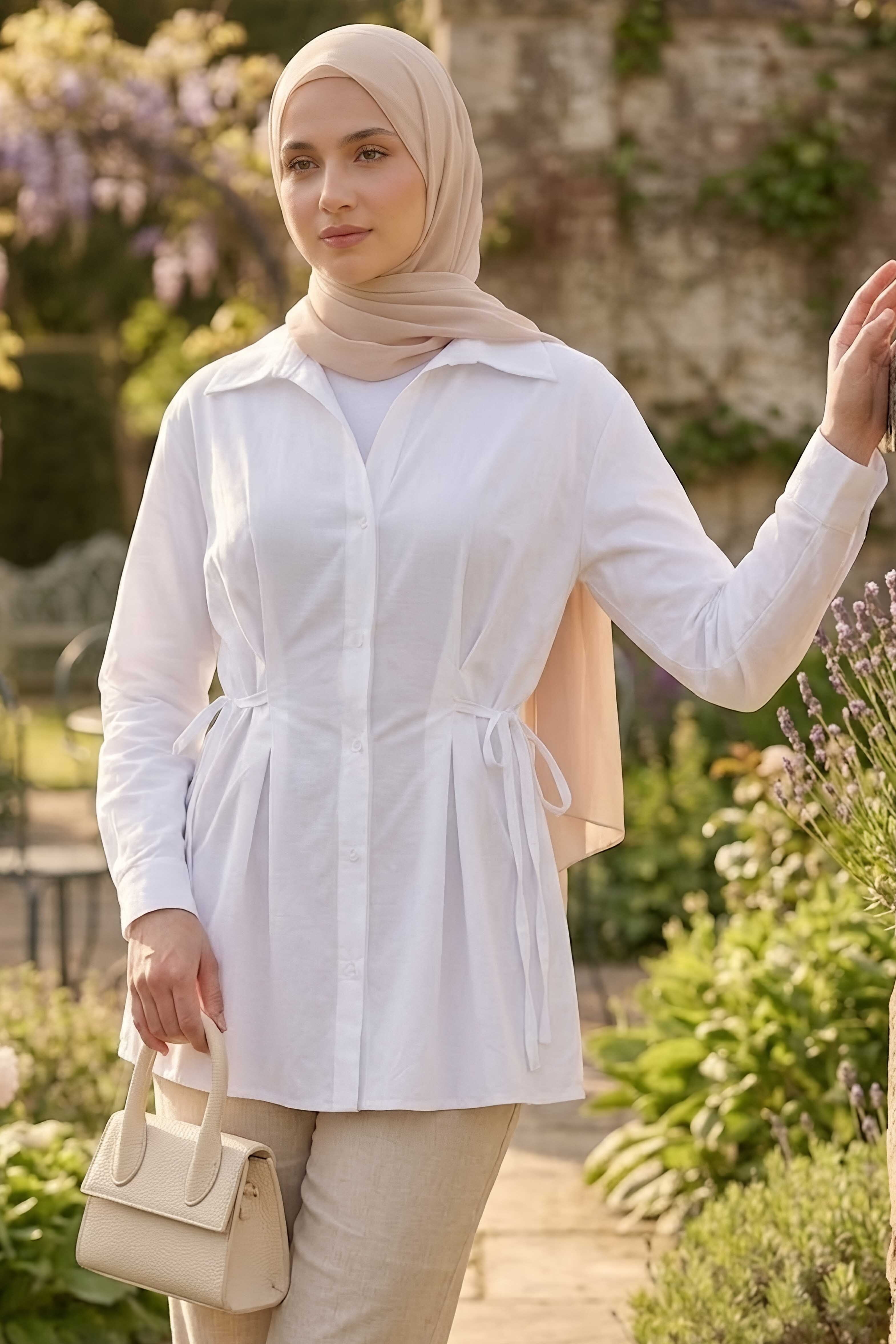 Yanlar Bağcık Detaylı Tunik Beyaz - 28725-BEYAZ - 1