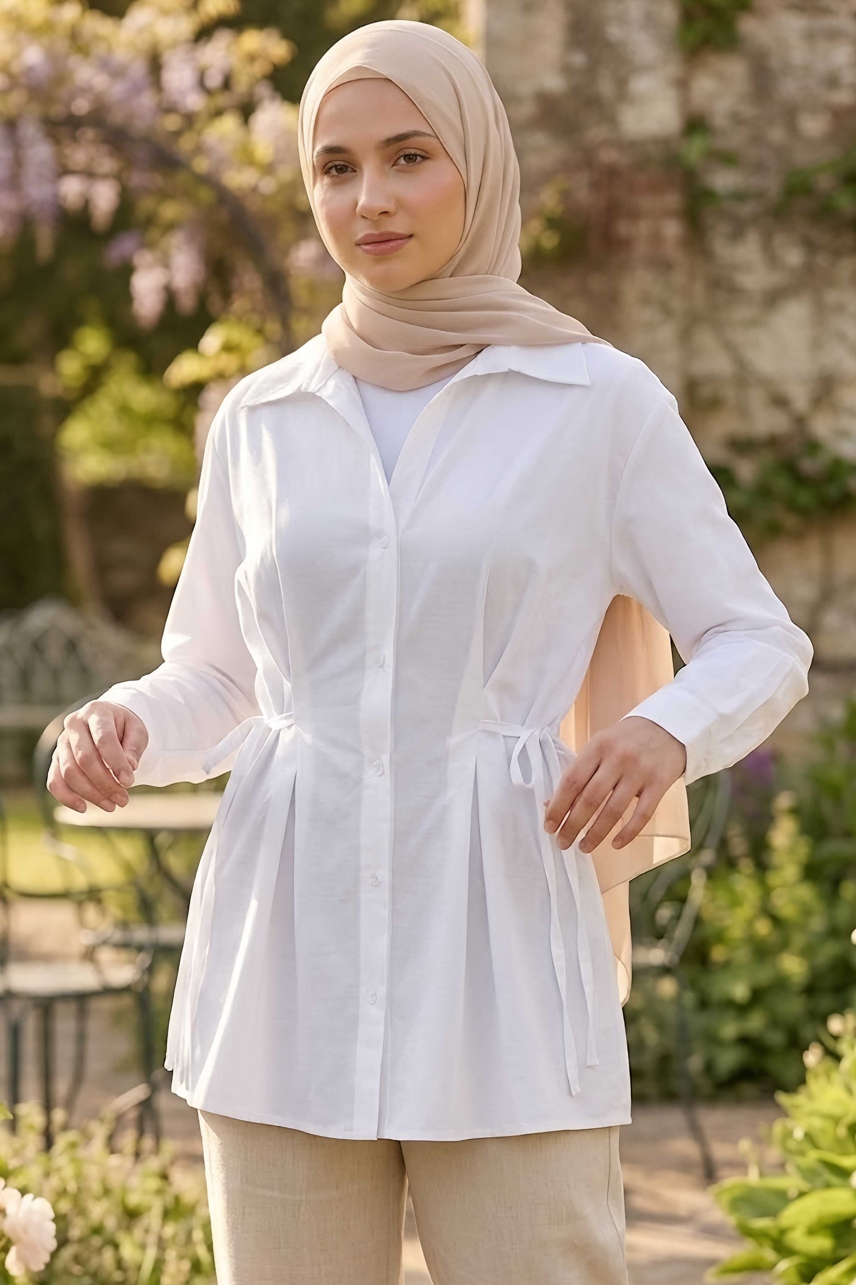 Yanlar Bağcık Detaylı Tunik Beyaz - 28725-BEYAZ - 2